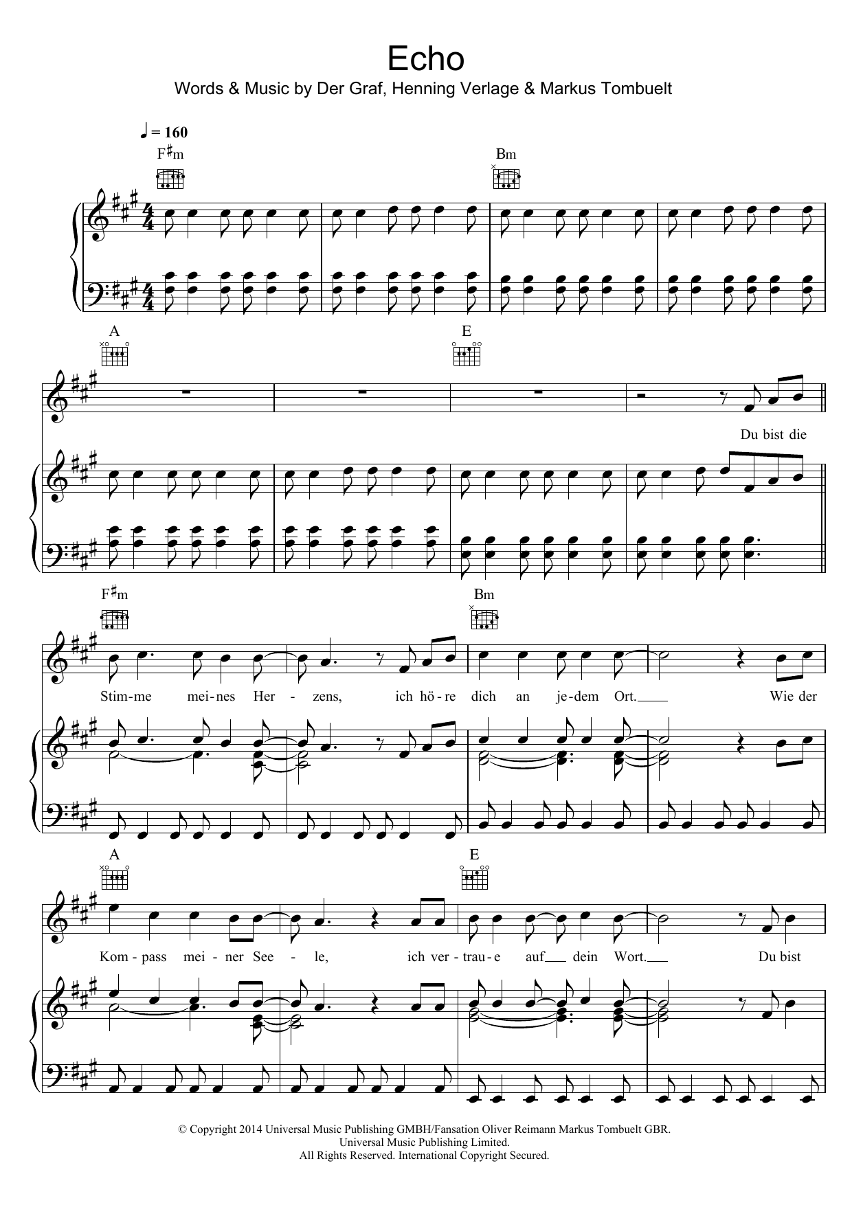 Unheilig Echo Sheet Music Notes & Chords for Piano, Vocal & Guitar (Right-Hand Melody) - Download or Print PDF