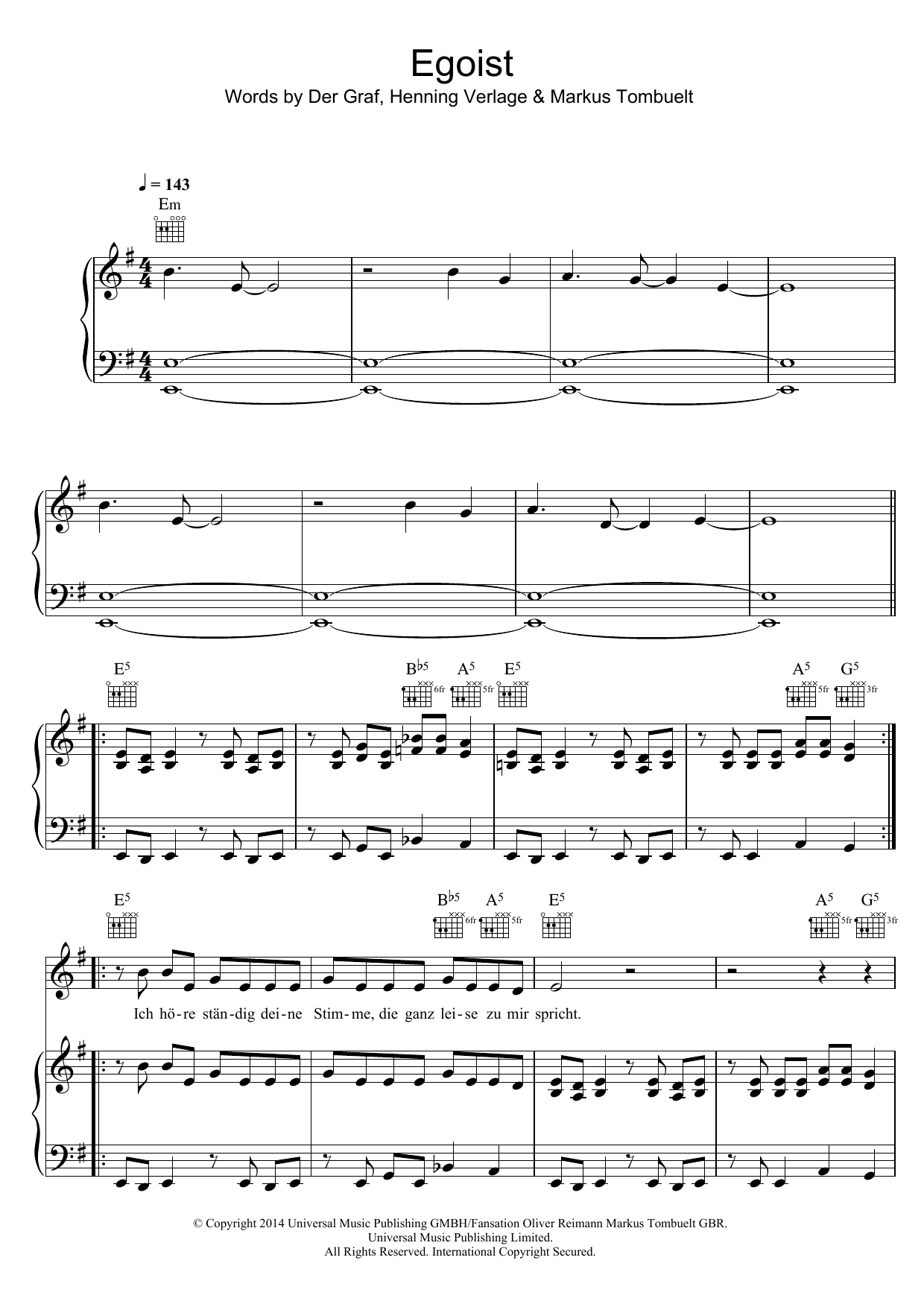 Unheilig Egoist Sheet Music Notes & Chords for Piano, Vocal & Guitar (Right-Hand Melody) - Download or Print PDF