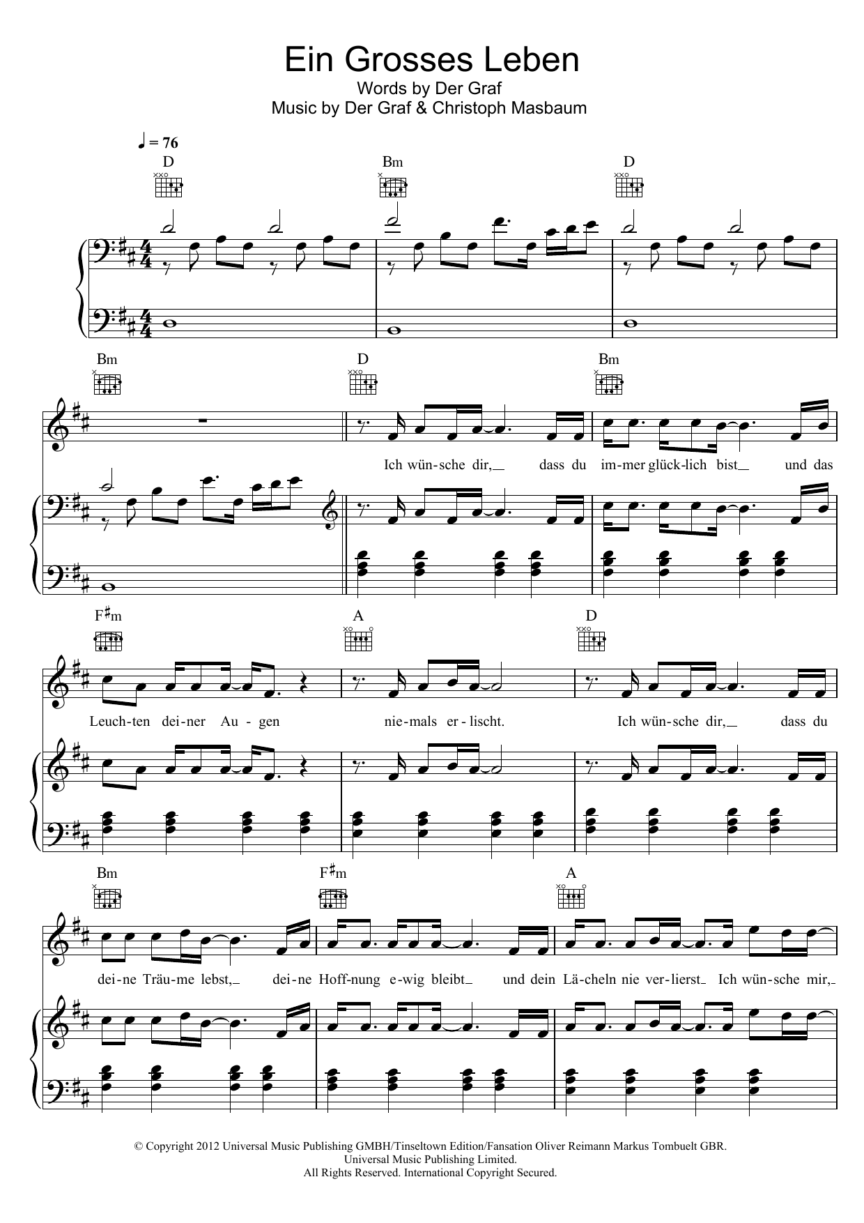Unheilig Ein Grosses Leben Sheet Music Notes & Chords for Piano, Vocal & Guitar (Right-Hand Melody) - Download or Print PDF