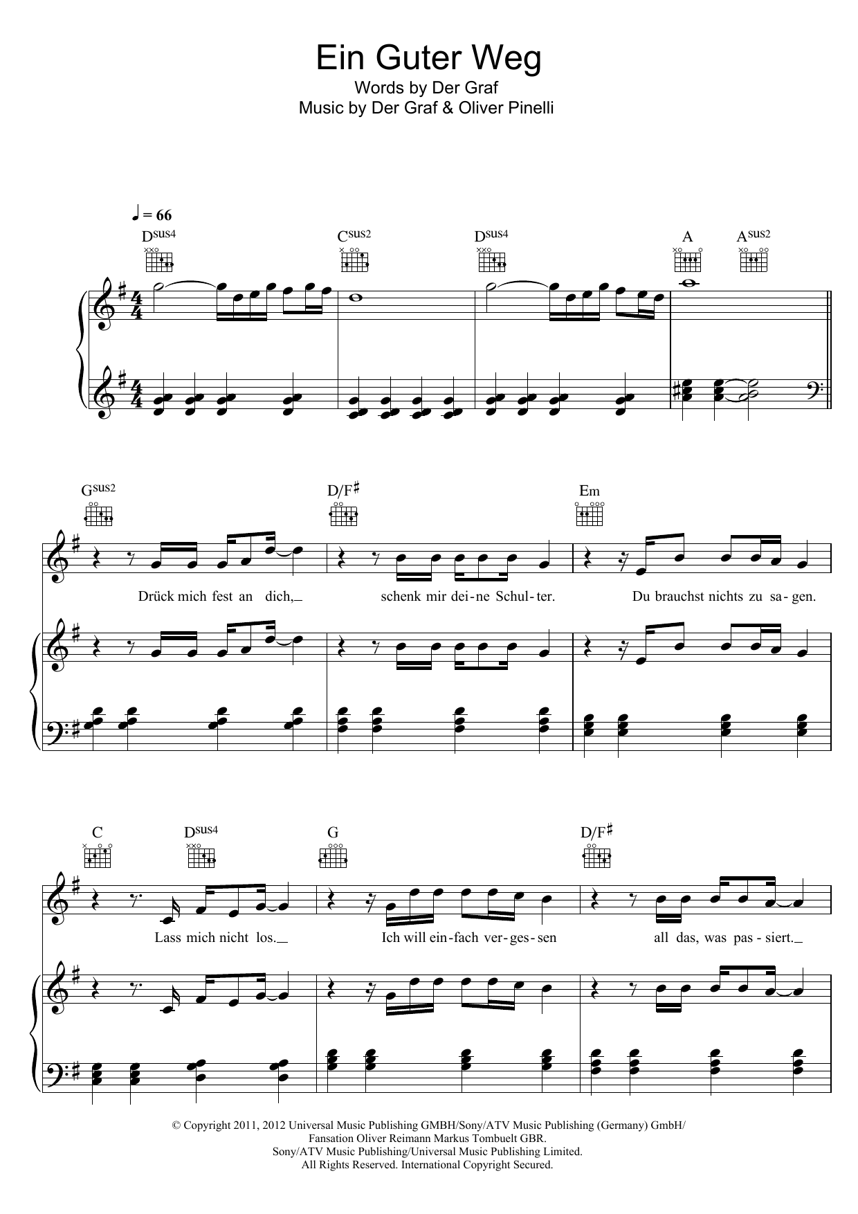Unheilig Ein Guter Weg Sheet Music Notes & Chords for Piano, Vocal & Guitar (Right-Hand Melody) - Download or Print PDF