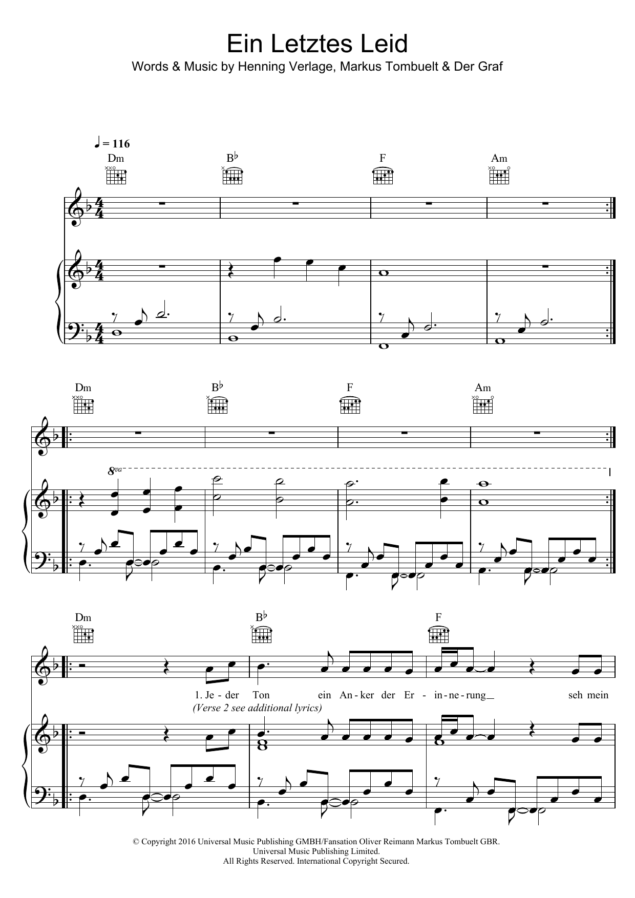 Unheilig Ein Letztes Lied Sheet Music Notes & Chords for Piano, Vocal & Guitar (Right-Hand Melody) - Download or Print PDF