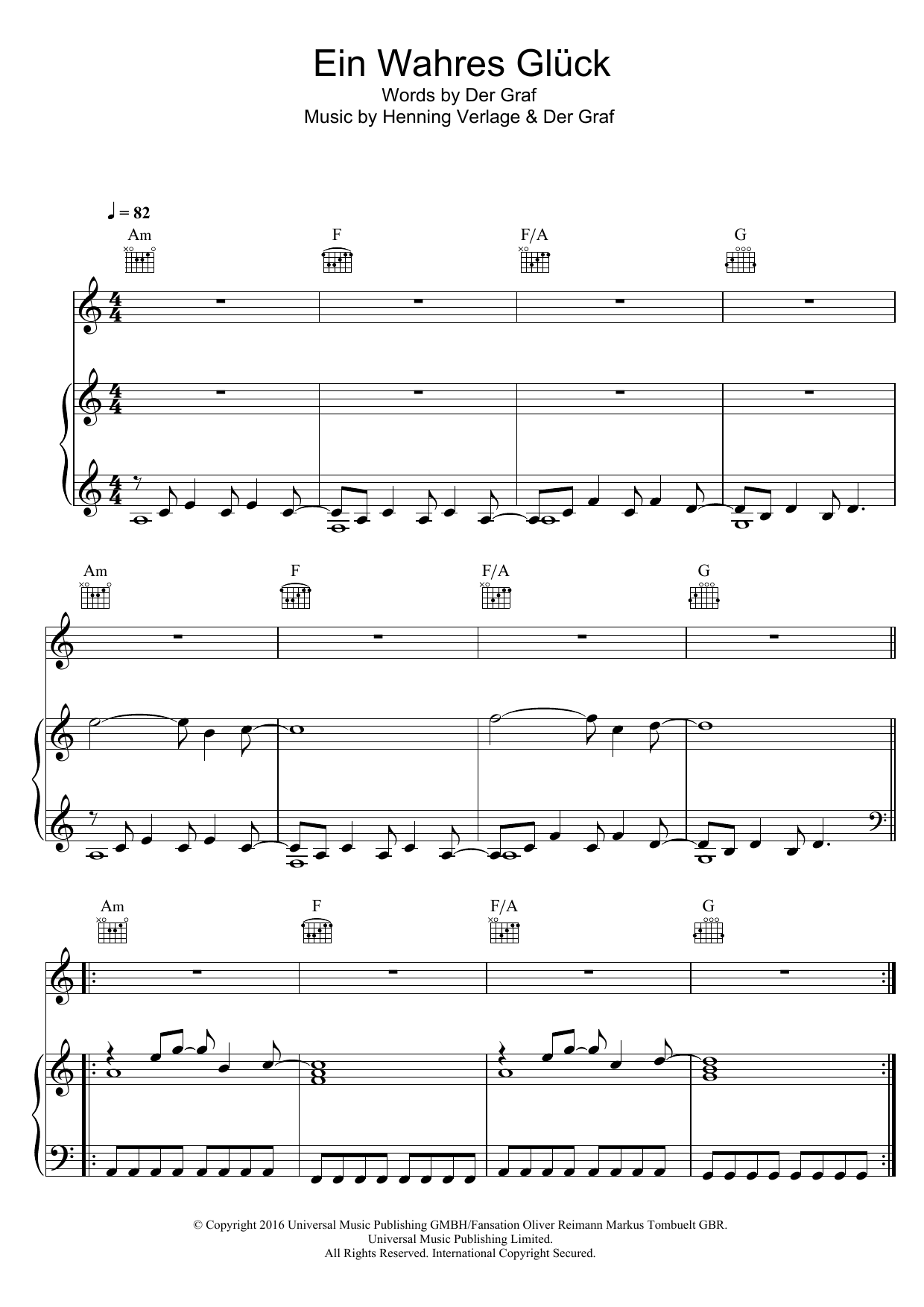 Unheilig Ein Wahres Gluck Sheet Music Notes & Chords for Piano, Vocal & Guitar (Right-Hand Melody) - Download or Print PDF