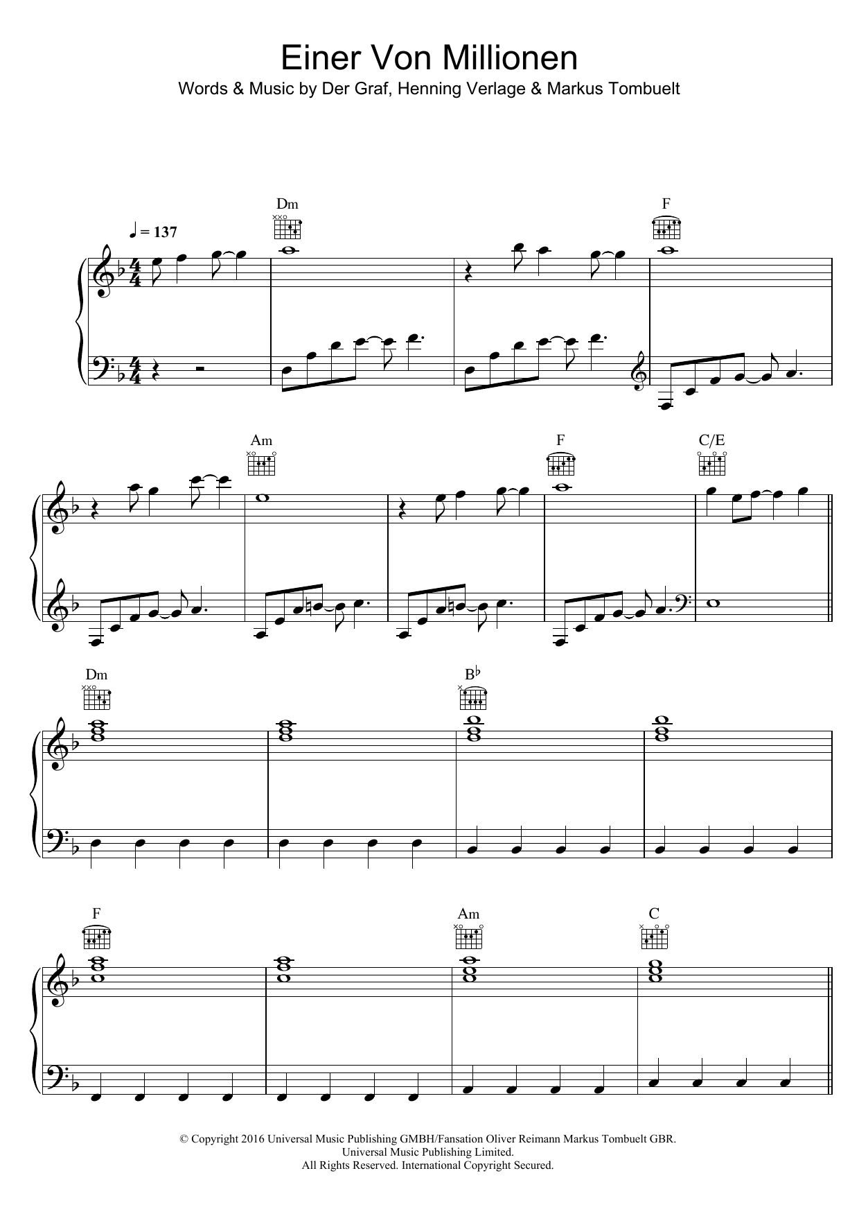 Unheilig Einer Von Millionen Sheet Music Notes & Chords for Piano, Vocal & Guitar (Right-Hand Melody) - Download or Print PDF