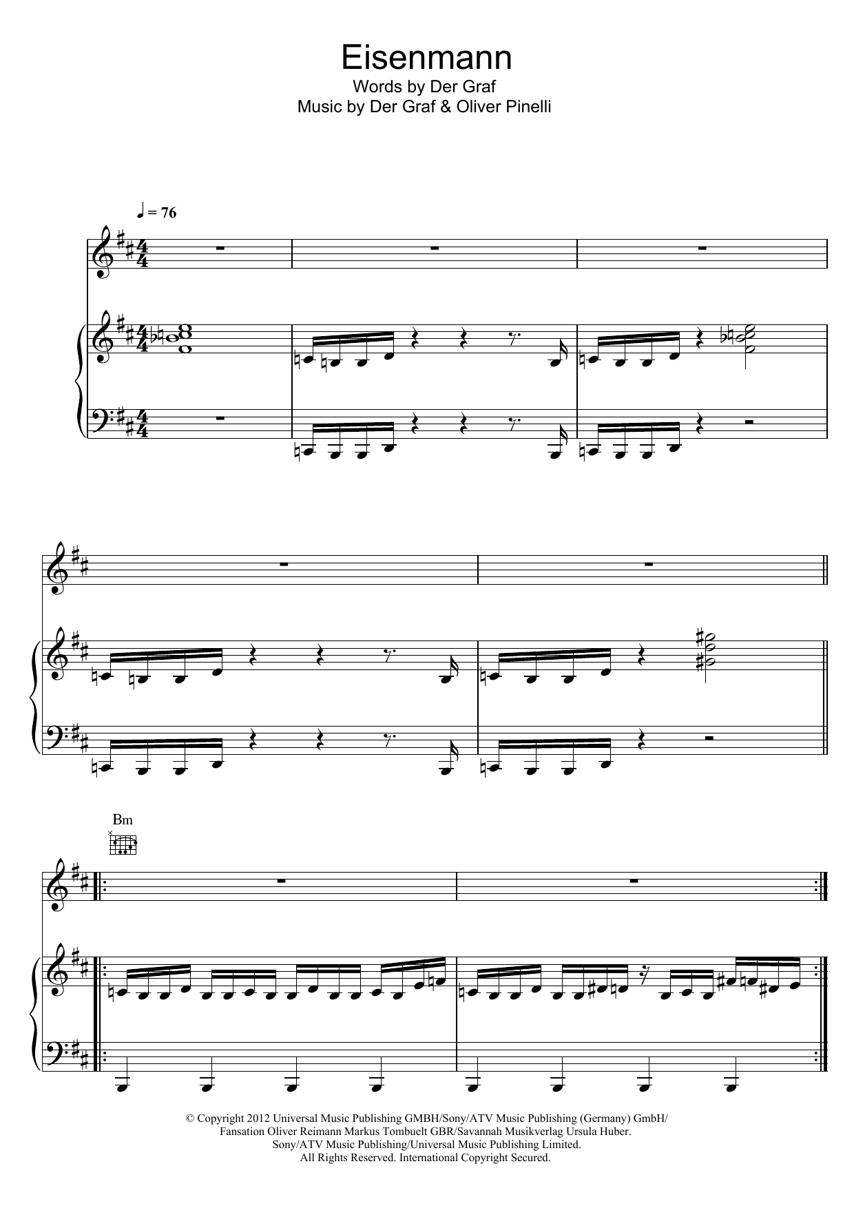 Unheilig Eisenmann Sheet Music Notes & Chords for Piano, Vocal & Guitar (Right-Hand Melody) - Download or Print PDF
