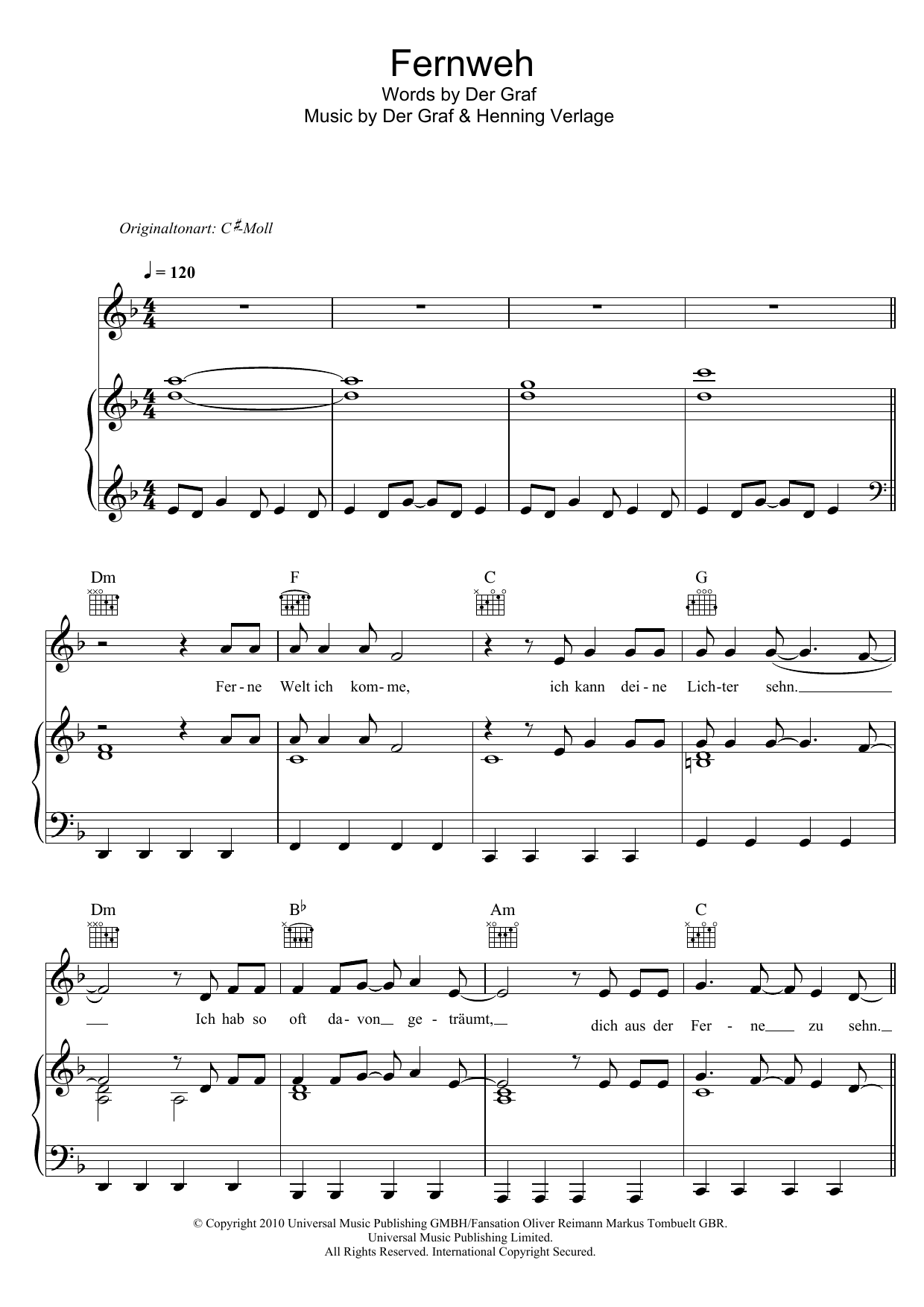 Unheilig Fernweh Sheet Music Notes & Chords for Piano, Vocal & Guitar (Right-Hand Melody) - Download or Print PDF