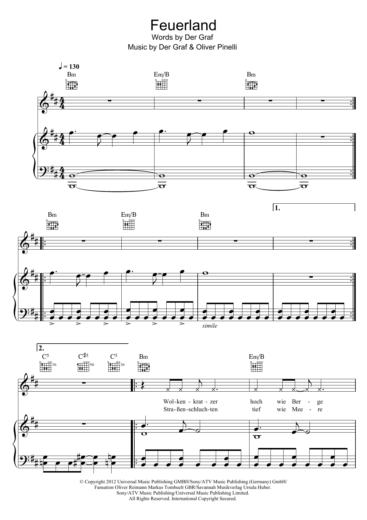 Unheilig Feuerland Sheet Music Notes & Chords for Piano, Vocal & Guitar (Right-Hand Melody) - Download or Print PDF