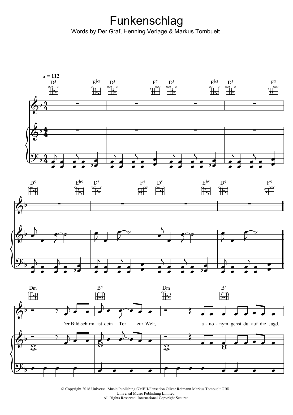 Unheilig Funkenschlag Sheet Music Notes & Chords for Piano, Vocal & Guitar (Right-Hand Melody) - Download or Print PDF