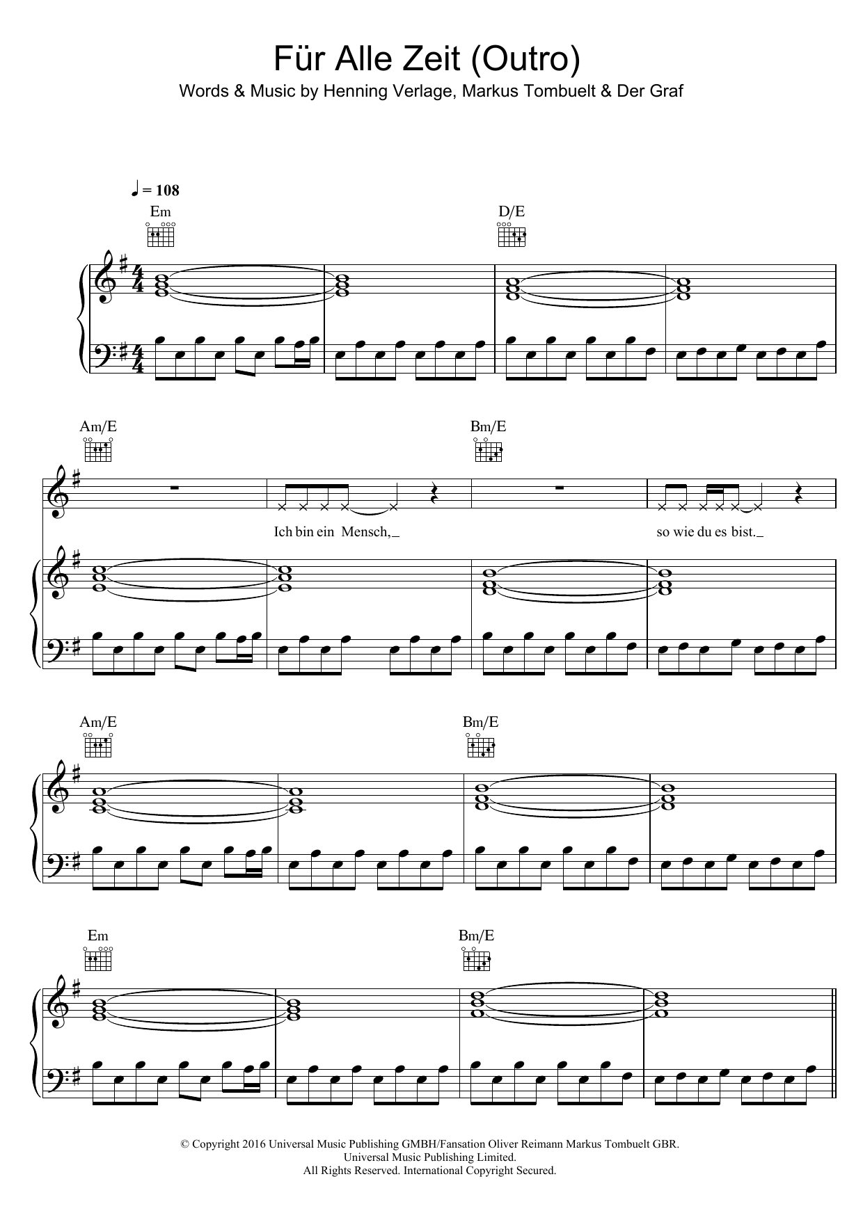 Unheilig Fur Alle Zeit (Outro) Sheet Music Notes & Chords for Piano, Vocal & Guitar (Right-Hand Melody) - Download or Print PDF