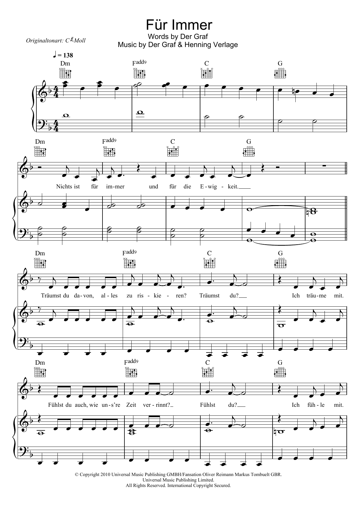 Unheilig Fur Immer Sheet Music Notes & Chords for Piano, Vocal & Guitar (Right-Hand Melody) - Download or Print PDF