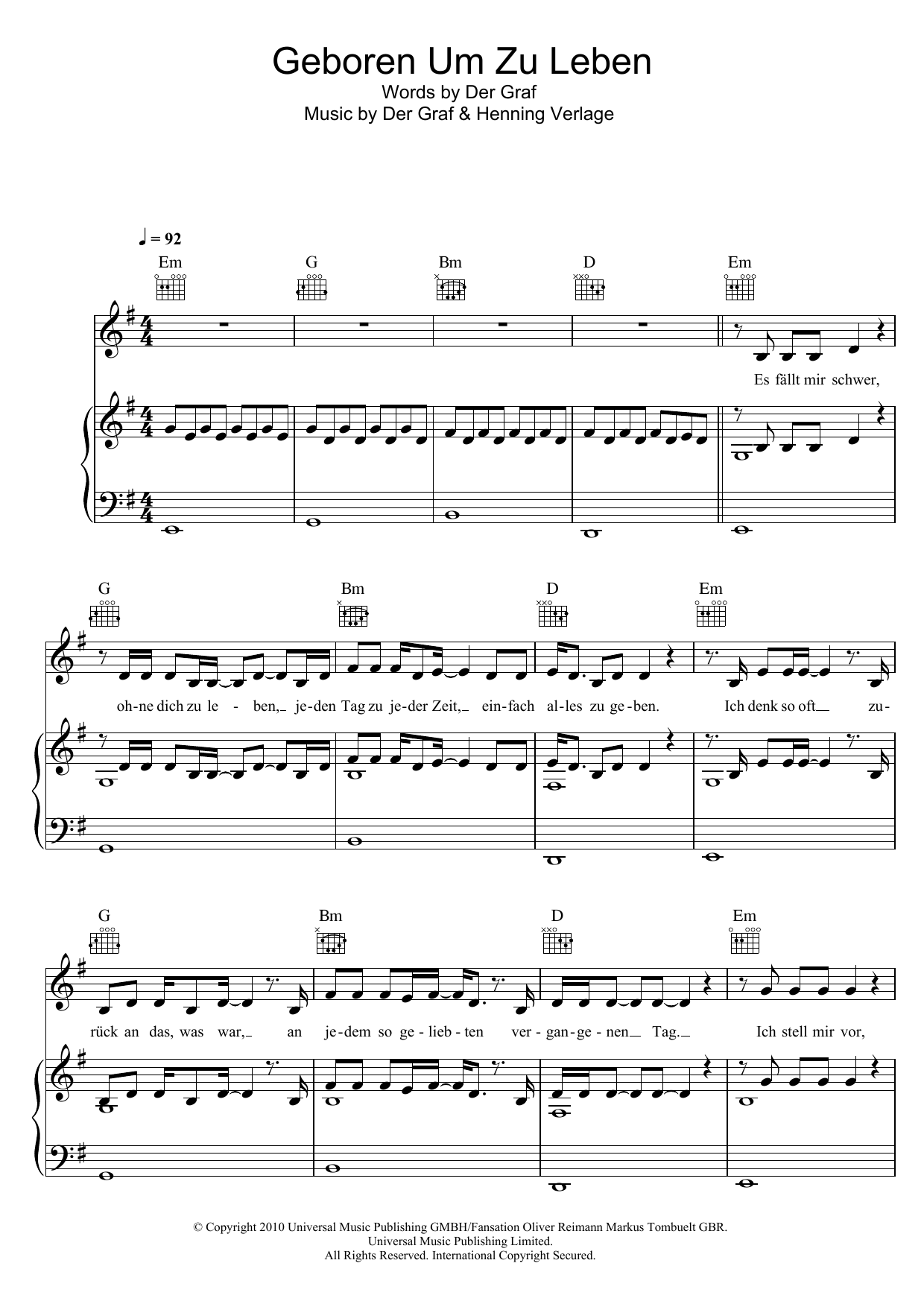 Unheilig Geboren Um Zu Leben Sheet Music Notes & Chords for Piano, Vocal & Guitar (Right-Hand Melody) - Download or Print PDF