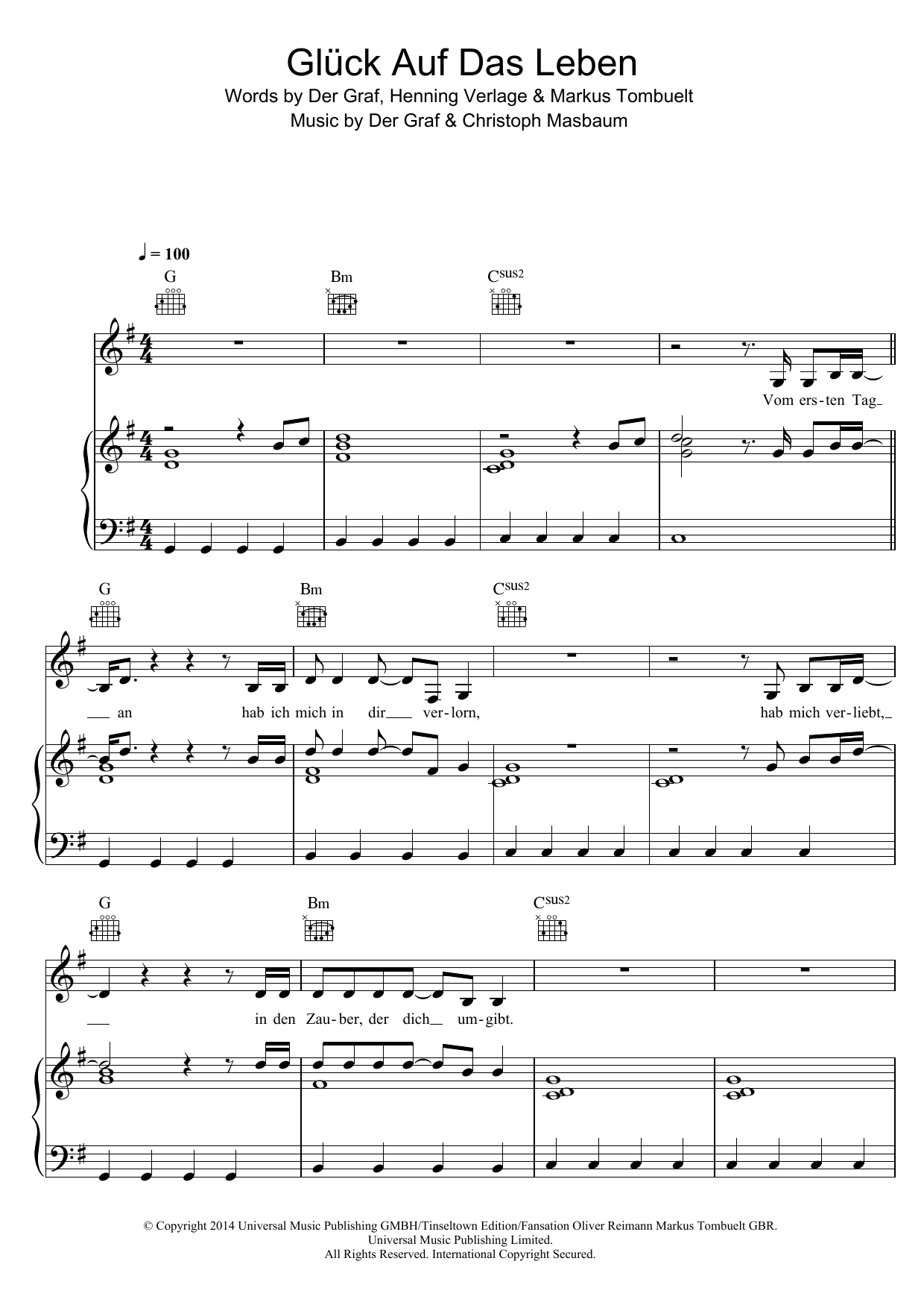 Unheilig Gluck Auf Das Leben Sheet Music Notes & Chords for Piano, Vocal & Guitar (Right-Hand Melody) - Download or Print PDF