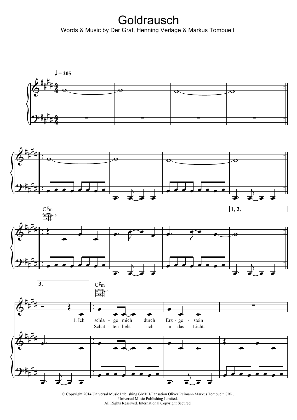 Unheilig Goldrausch Sheet Music Notes & Chords for Piano, Vocal & Guitar (Right-Hand Melody) - Download or Print PDF