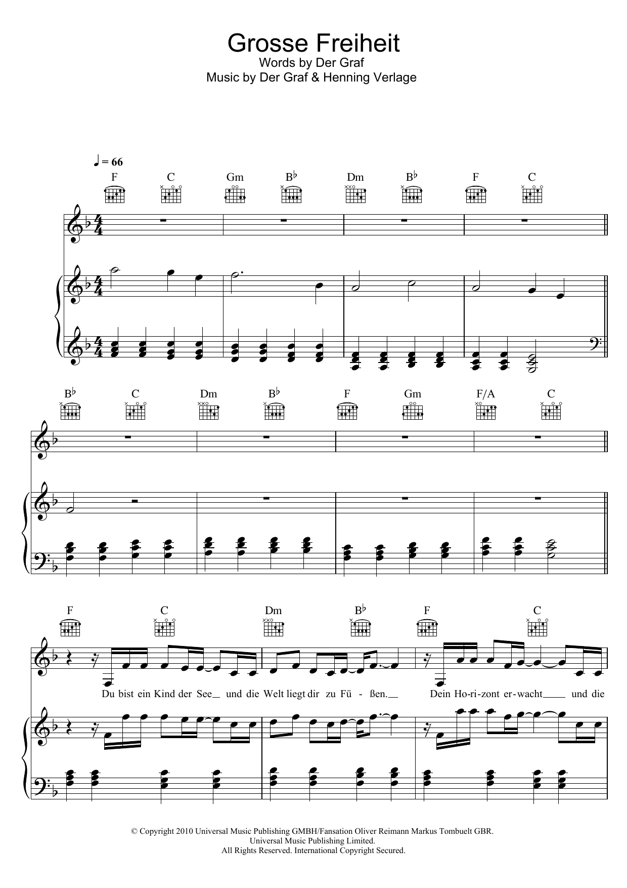 Unheilig Grosse Freiheit Sheet Music Notes & Chords for Piano, Vocal & Guitar (Right-Hand Melody) - Download or Print PDF