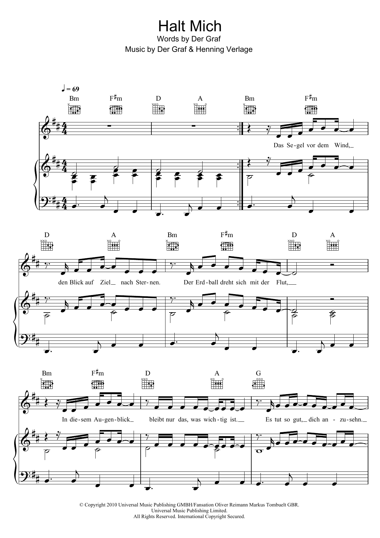Unheilig Halt Mich Sheet Music Notes & Chords for Piano, Vocal & Guitar (Right-Hand Melody) - Download or Print PDF