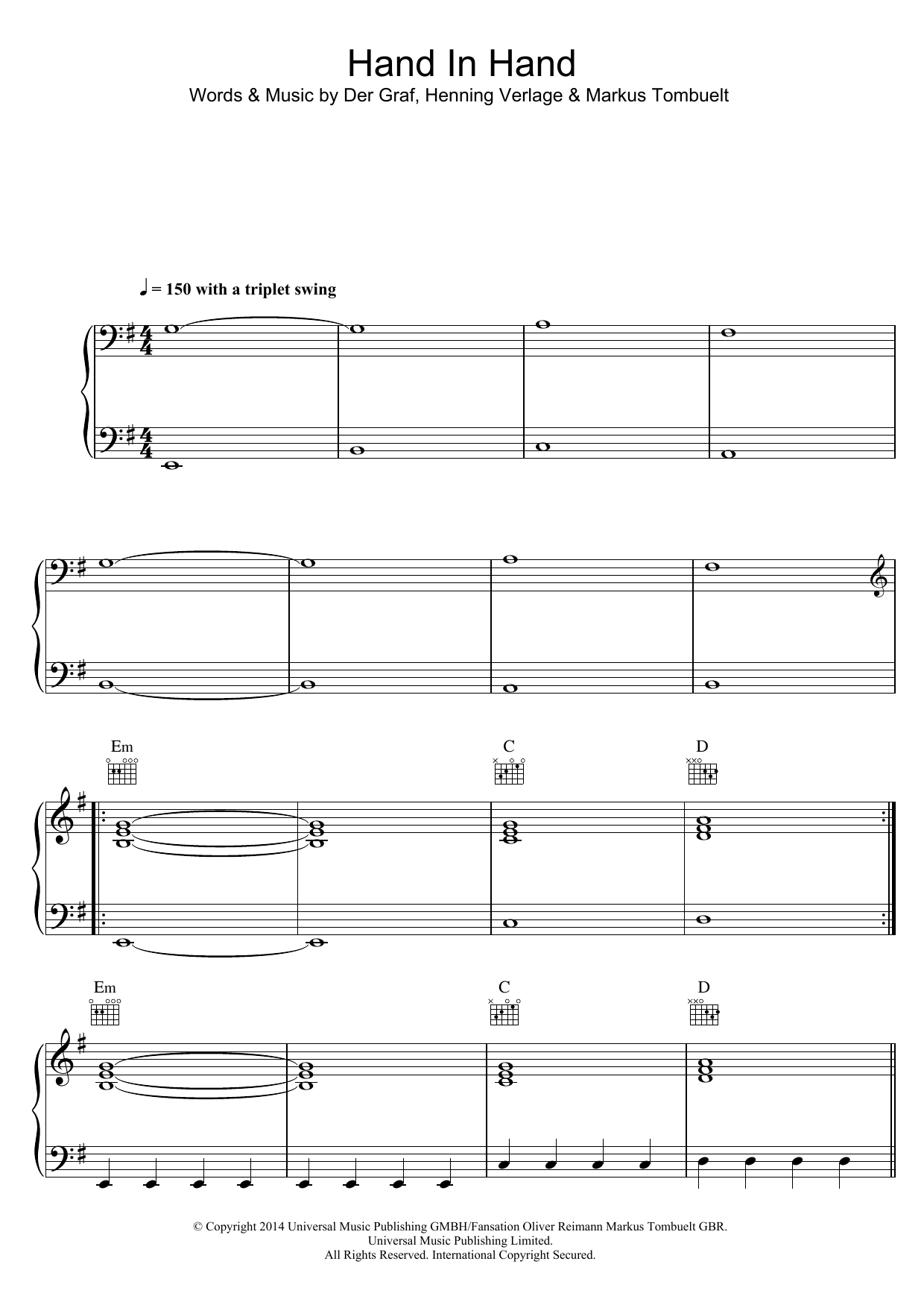 Unheilig Hand In Hand Sheet Music Notes & Chords for Piano, Vocal & Guitar (Right-Hand Melody) - Download or Print PDF