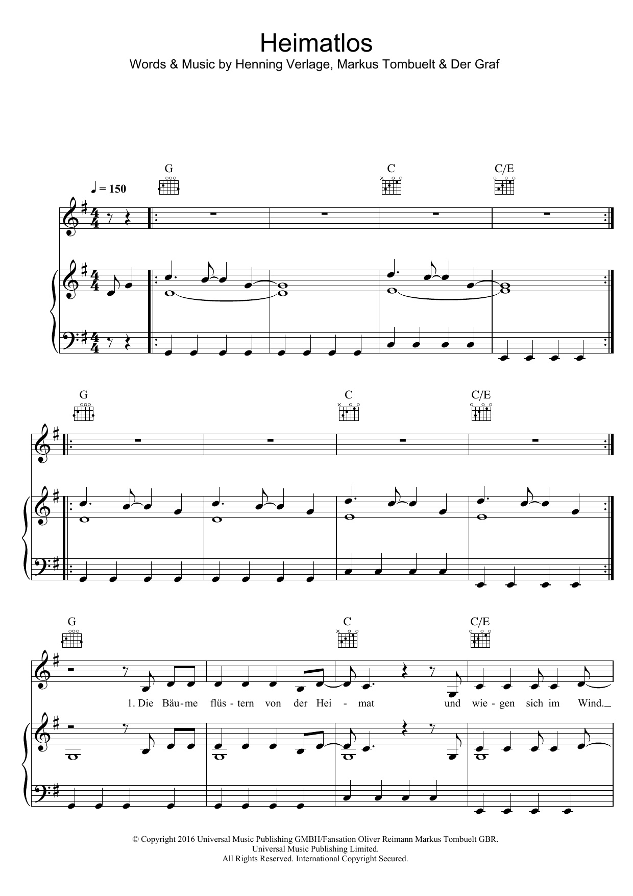 Unheilig Heimatlos Sheet Music Notes & Chords for Piano, Vocal & Guitar (Right-Hand Melody) - Download or Print PDF