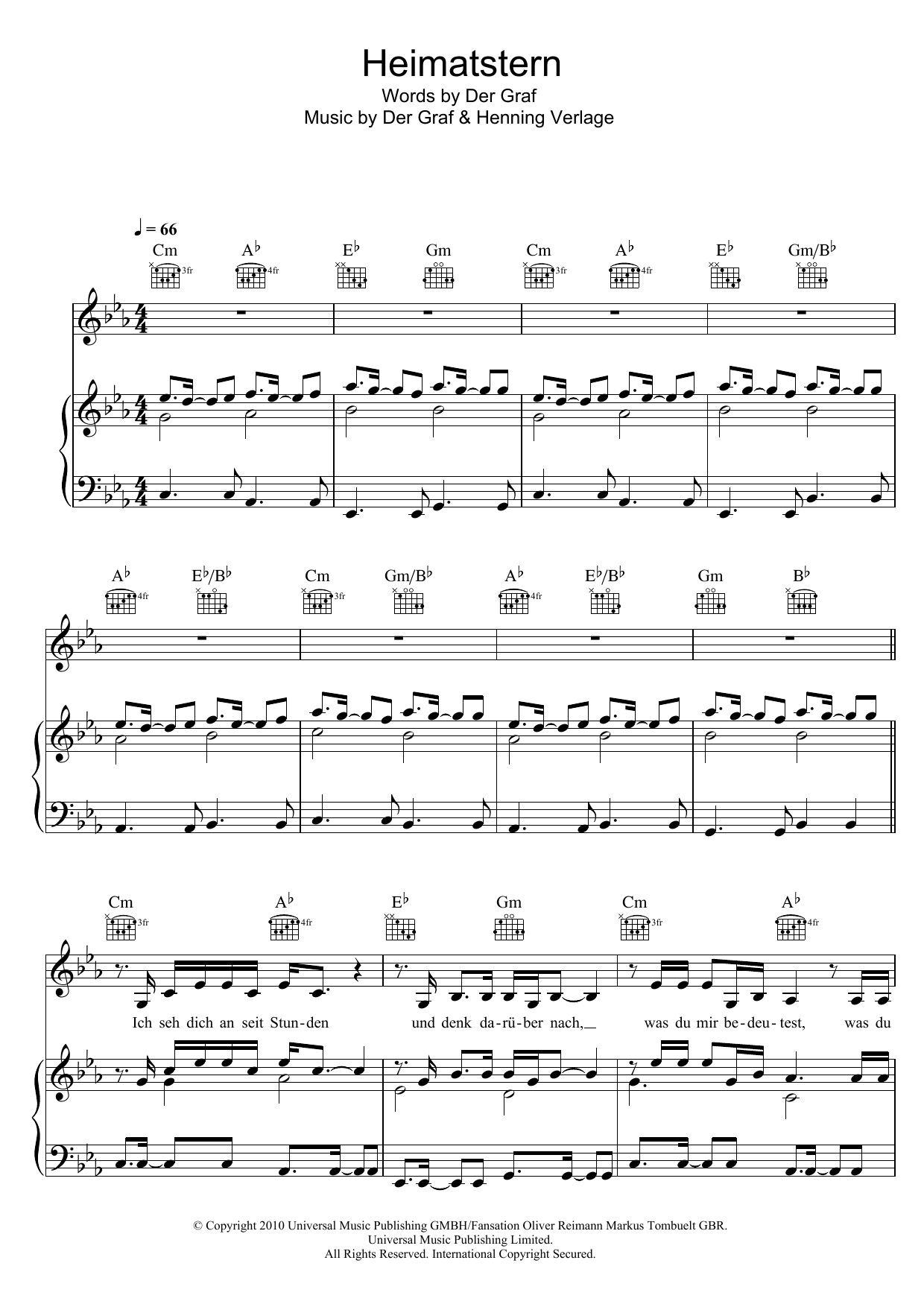 Unheilig Heimatstern Sheet Music Notes & Chords for Piano, Vocal & Guitar (Right-Hand Melody) - Download or Print PDF