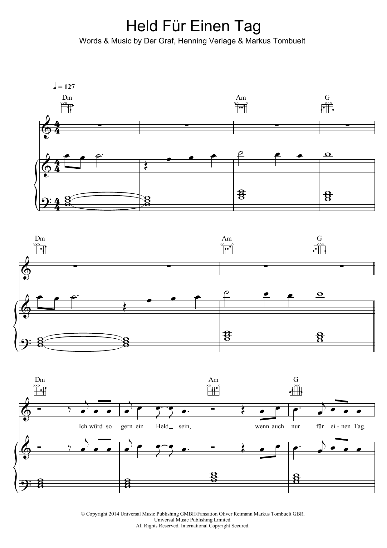 Unheilig Held Fur Einen Tag Sheet Music Notes & Chords for Piano, Vocal & Guitar (Right-Hand Melody) - Download or Print PDF