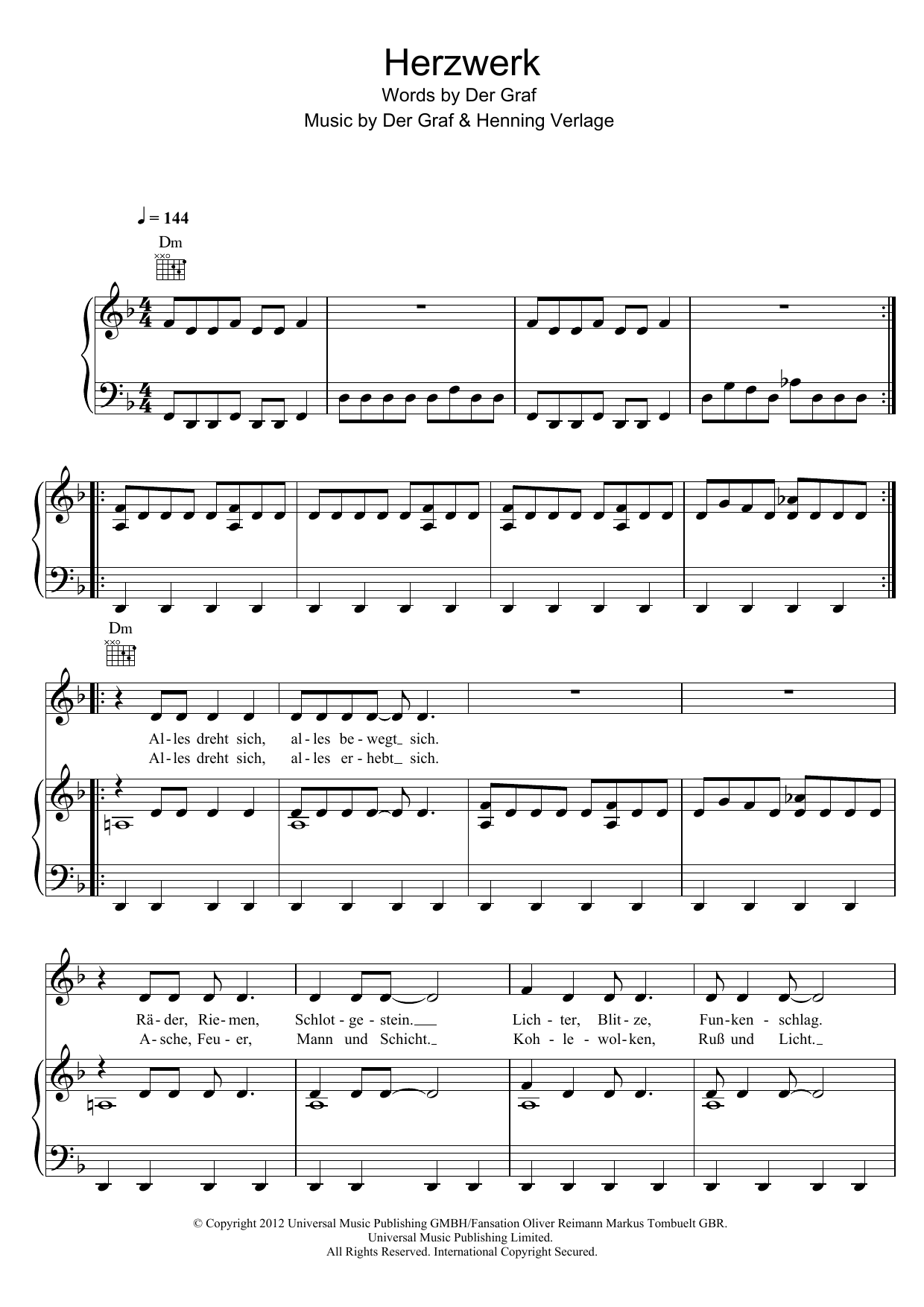 Unheilig Herzwerk Sheet Music Notes & Chords for Piano, Vocal & Guitar (Right-Hand Melody) - Download or Print PDF
