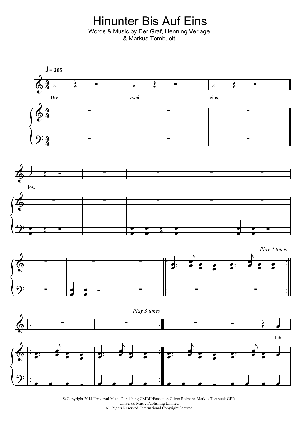 Unheilig Hinunter Bis Auf Eins Sheet Music Notes & Chords for Piano, Vocal & Guitar (Right-Hand Melody) - Download or Print PDF
