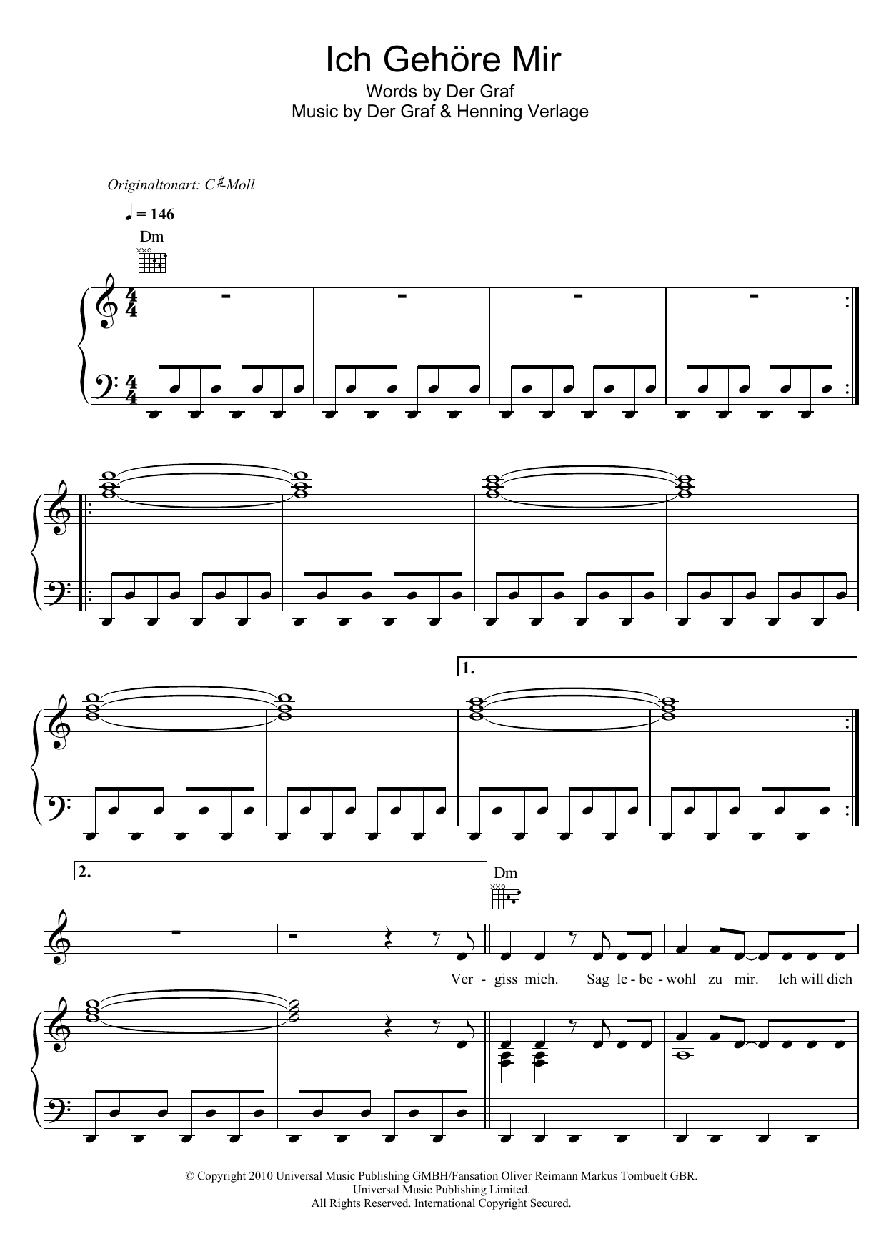 Unheilig Ich Gehore Mir Sheet Music Notes & Chords for Piano, Vocal & Guitar (Right-Hand Melody) - Download or Print PDF