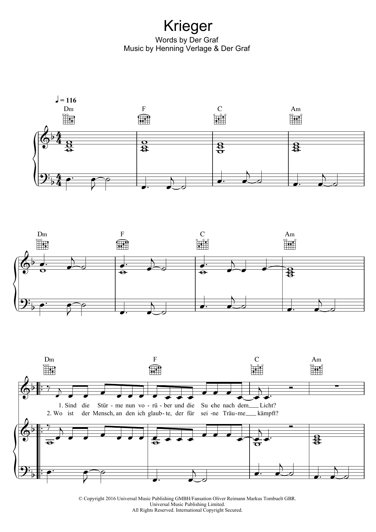 Unheilig Krieger Sheet Music Notes & Chords for Piano, Vocal & Guitar (Right-Hand Melody) - Download or Print PDF