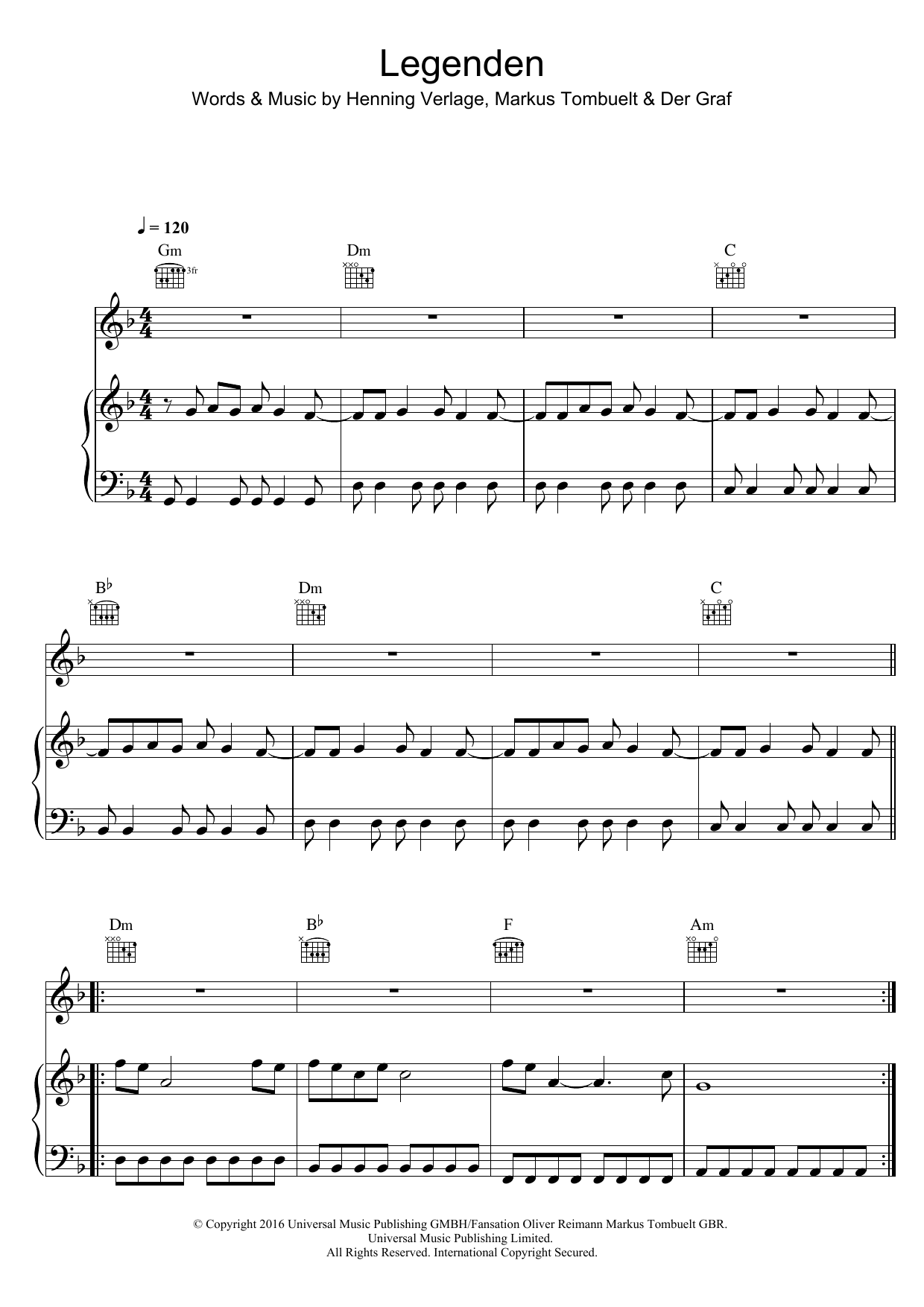 Unheilig Legenden Sheet Music Notes & Chords for Piano, Vocal & Guitar (Right-Hand Melody) - Download or Print PDF