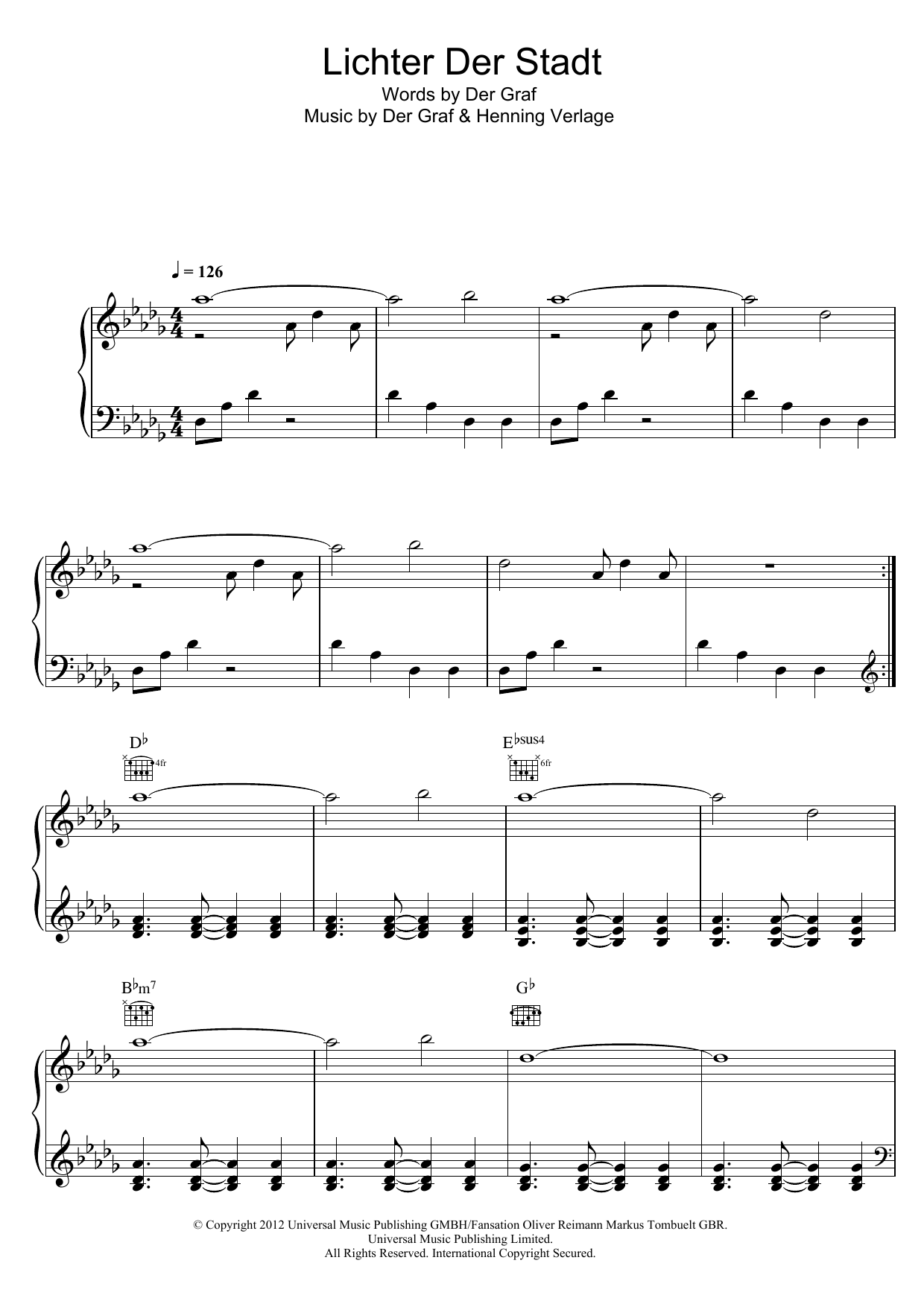 Unheilig Lichter Der Stadt Sheet Music Notes & Chords for Piano, Vocal & Guitar (Right-Hand Melody) - Download or Print PDF