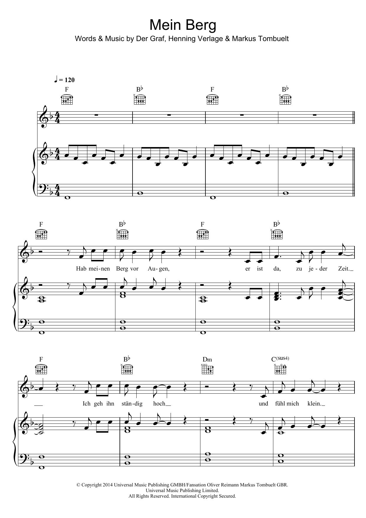 Unheilig Mein Berg Sheet Music Notes & Chords for Piano, Vocal & Guitar (Right-Hand Melody) - Download or Print PDF