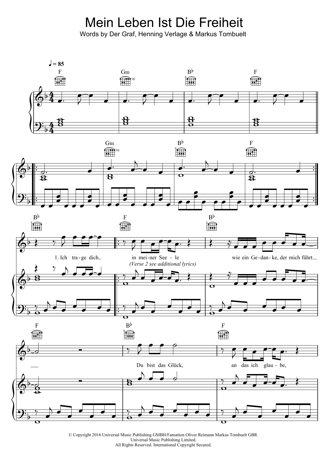 Unheilig Mein Leben Ist Die Freiheit Sheet Music Notes & Chords for Piano, Vocal & Guitar (Right-Hand Melody) - Download or Print PDF