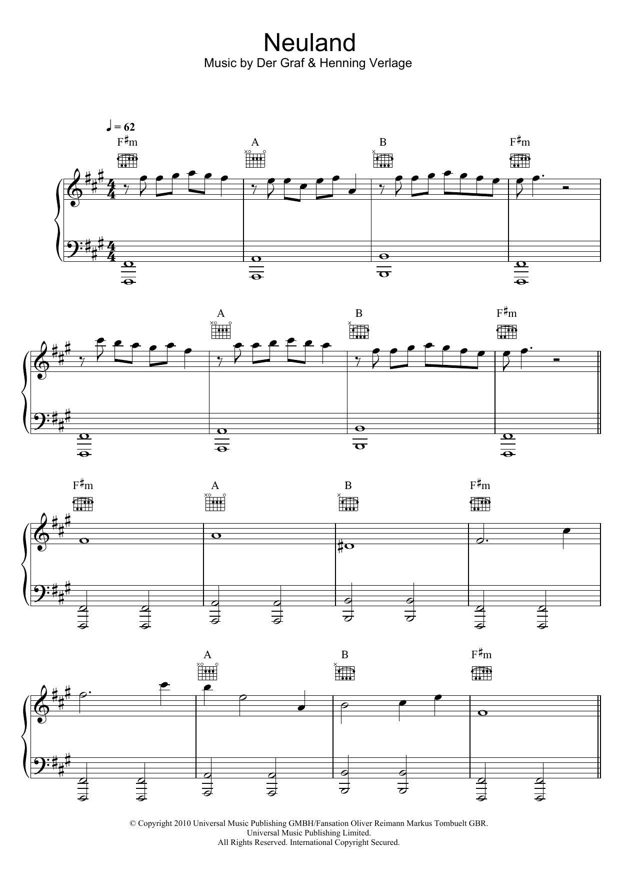 Unheilig Neuland Sheet Music Notes & Chords for Piano, Vocal & Guitar (Right-Hand Melody) - Download or Print PDF
