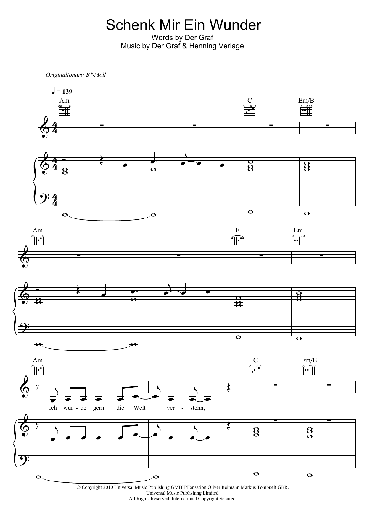 Unheilig Schenk Mir Ein Wunder Sheet Music Notes & Chords for Piano, Vocal & Guitar (Right-Hand Melody) - Download or Print PDF