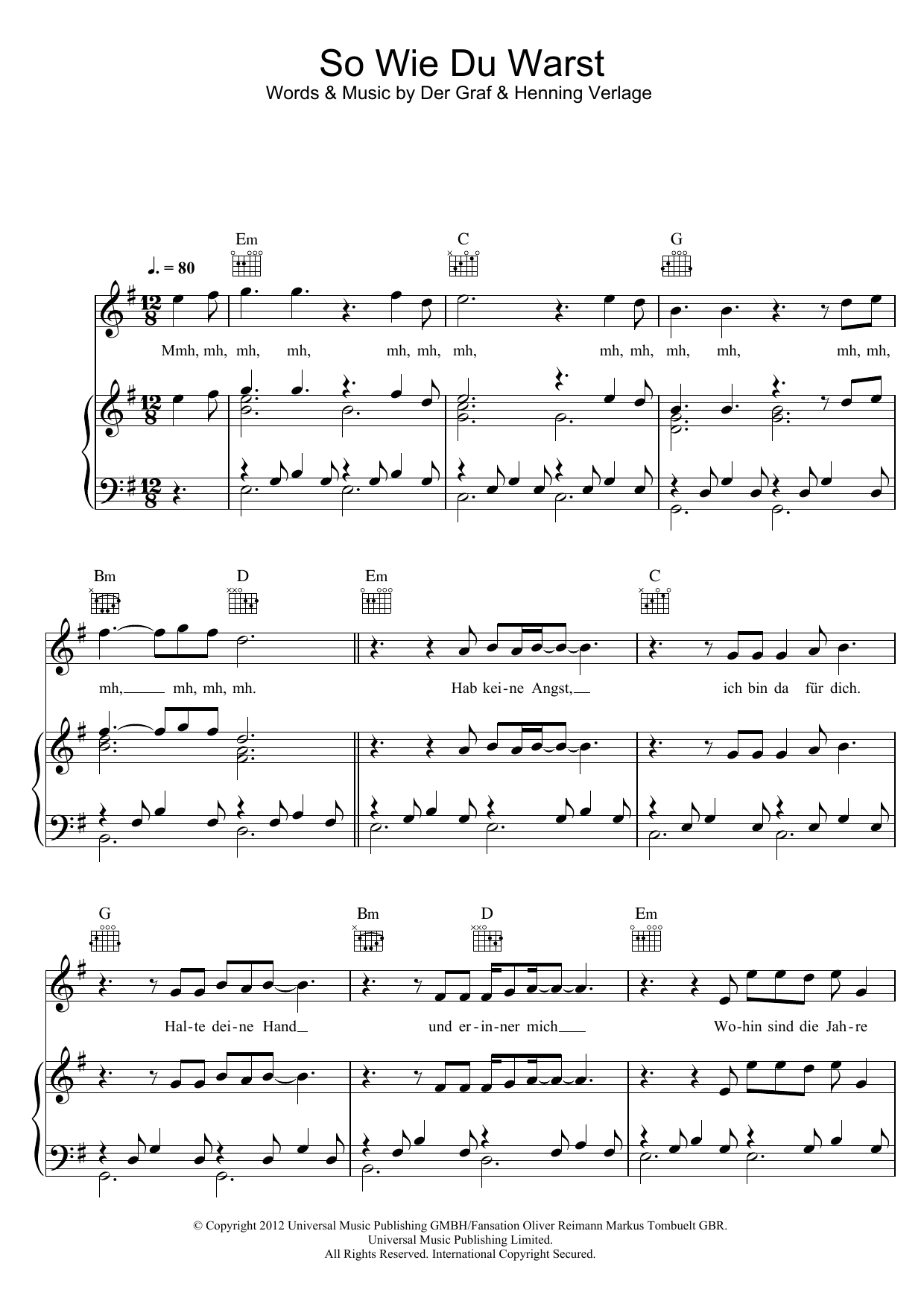 Unheilig So Wie Du Warst Sheet Music Notes & Chords for Piano, Vocal & Guitar (Right-Hand Melody) - Download or Print PDF