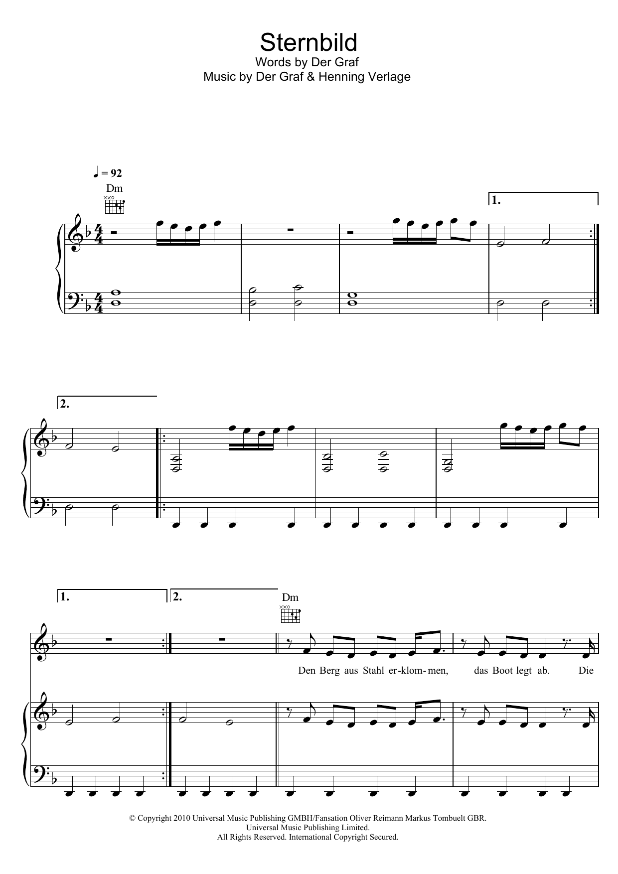 Unheilig Sternbild Sheet Music Notes & Chords for Piano, Vocal & Guitar (Right-Hand Melody) - Download or Print PDF