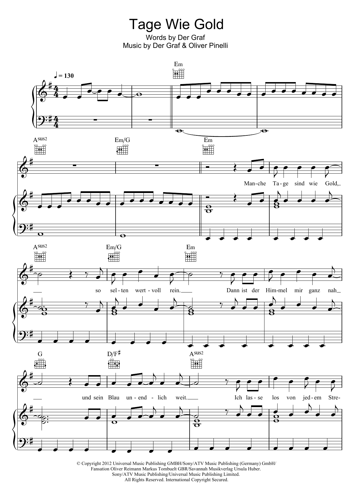 Unheilig Tage Wie Gold Sheet Music Notes & Chords for Piano, Vocal & Guitar (Right-Hand Melody) - Download or Print PDF Unheilig Tage Wie Gold Sheet Music Notes & Chords for Piano, Vocal & Guitar (Right-Hand Melody) - Download or Print PDF