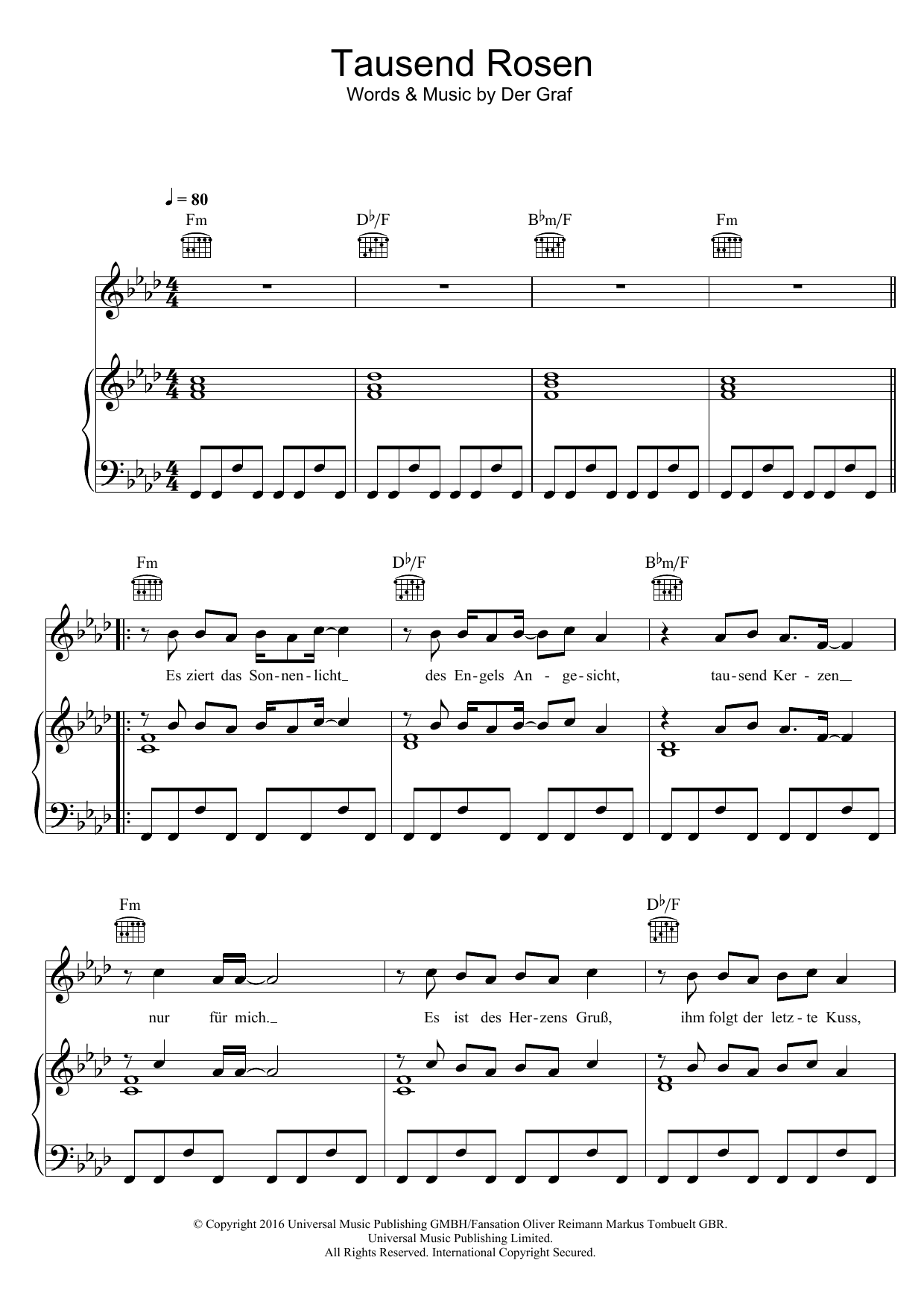 Unheilig Tausend Rosen Sheet Music Notes & Chords for Piano, Vocal & Guitar (Right-Hand Melody) - Download or Print PDF Unheilig Tausend Rosen Sheet Music Notes & Chords for Piano, Vocal & Guitar (Right-Hand Melody) - Download or Print PDF