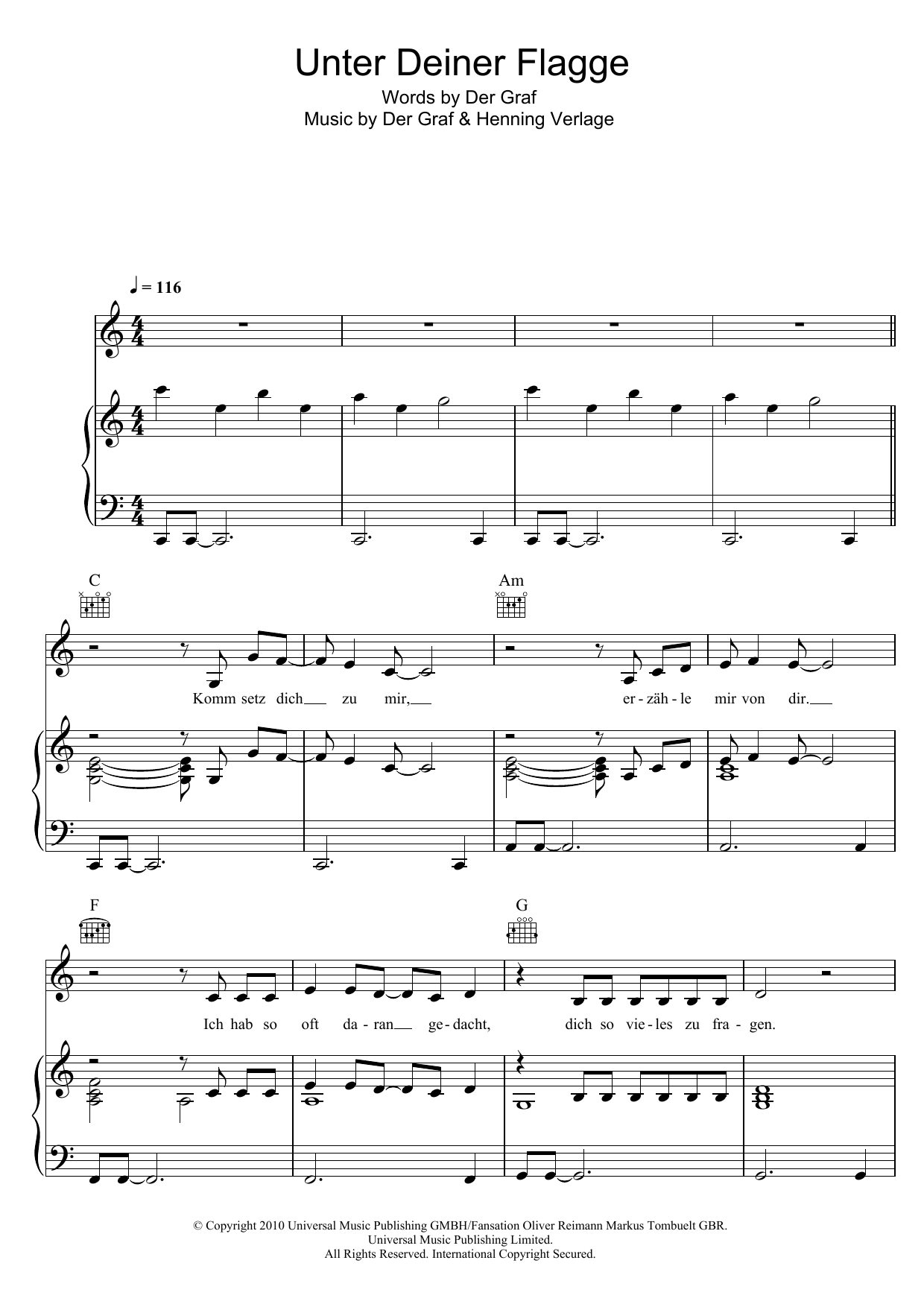 Unheilig Unter Deiner Flagge Sheet Music Notes & Chords for Piano, Vocal & Guitar (Right-Hand Melody) - Download or Print PDF