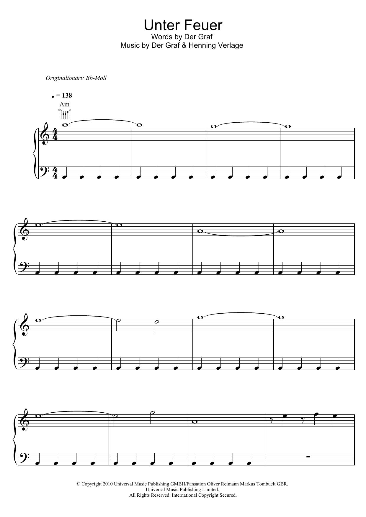 Unheilig Unter Feuer Sheet Music Notes & Chords for Piano, Vocal & Guitar (Right-Hand Melody) - Download or Print PDF