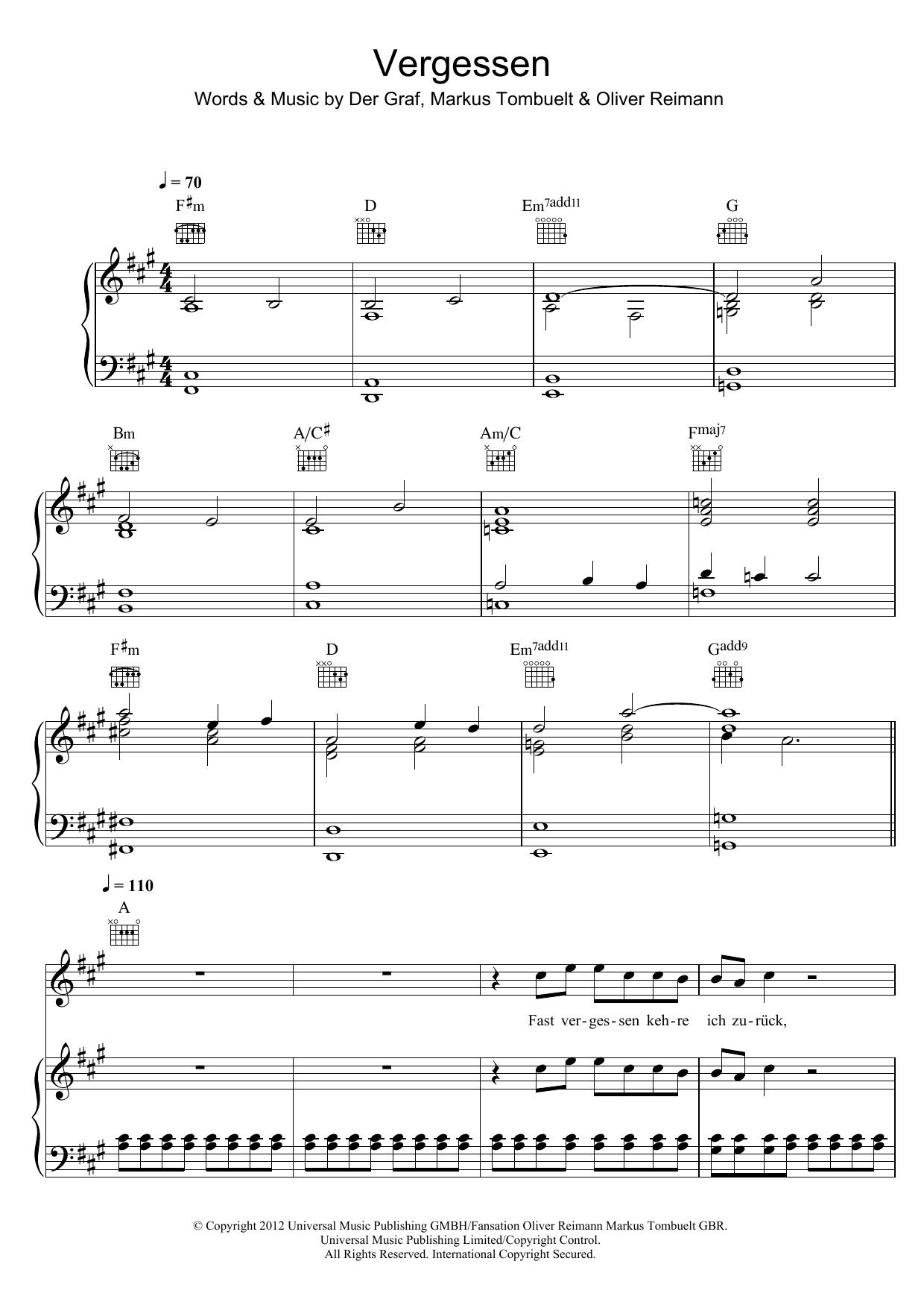 Unheilig Vergessen Sheet Music Notes & Chords for Piano, Vocal & Guitar (Right-Hand Melody) - Download or Print PDF