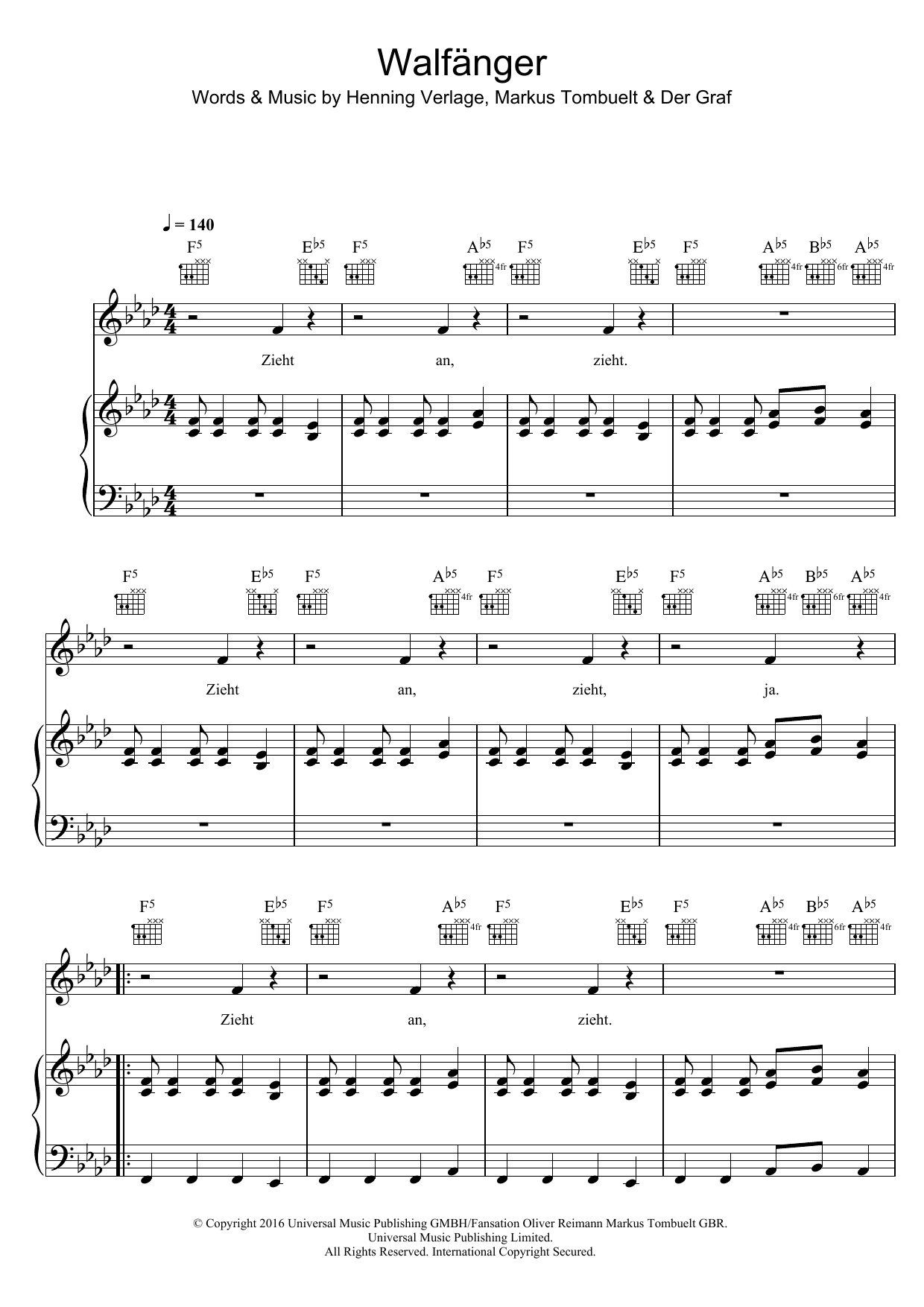 Unheilig Walfanger Sheet Music Notes & Chords for Piano, Vocal & Guitar (Right-Hand Melody) - Download or Print PDF