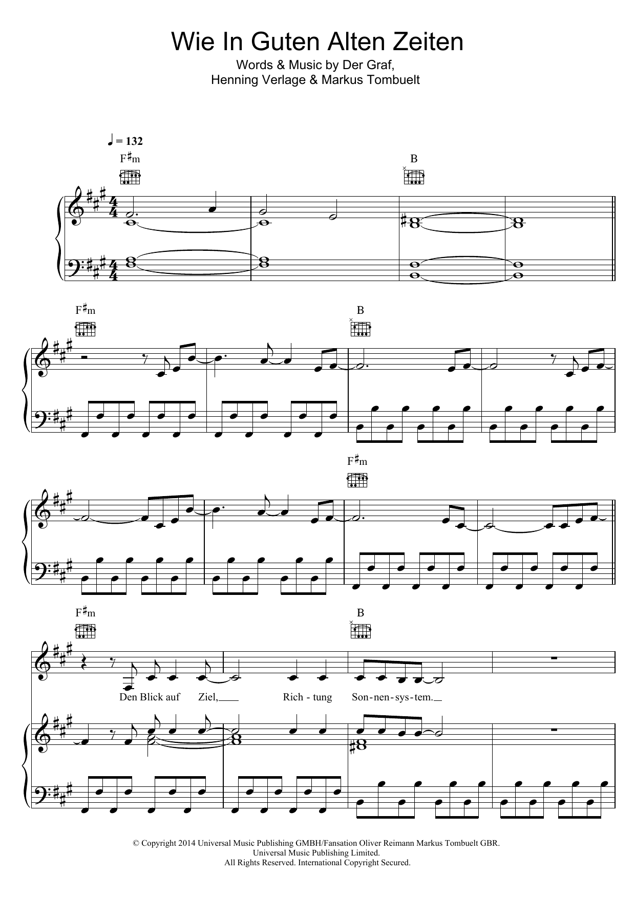 Unheilig Wie In Guten Alten Zeiten Sheet Music Notes & Chords for Piano, Vocal & Guitar (Right-Hand Melody) - Download or Print PDF
