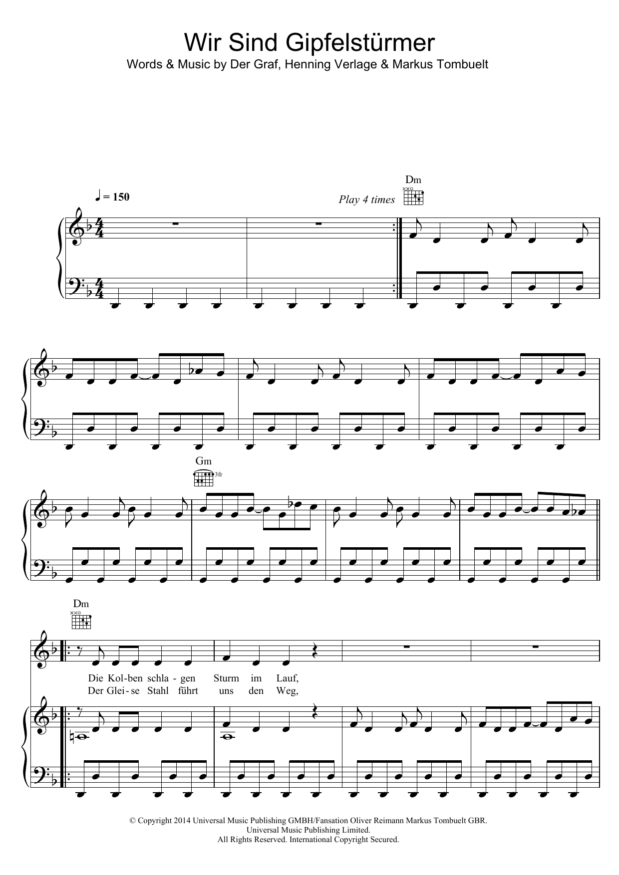 Unheilig Wir Sind Die Gipfelsturmer Sheet Music Notes & Chords for Piano, Vocal & Guitar (Right-Hand Melody) - Download or Print PDF