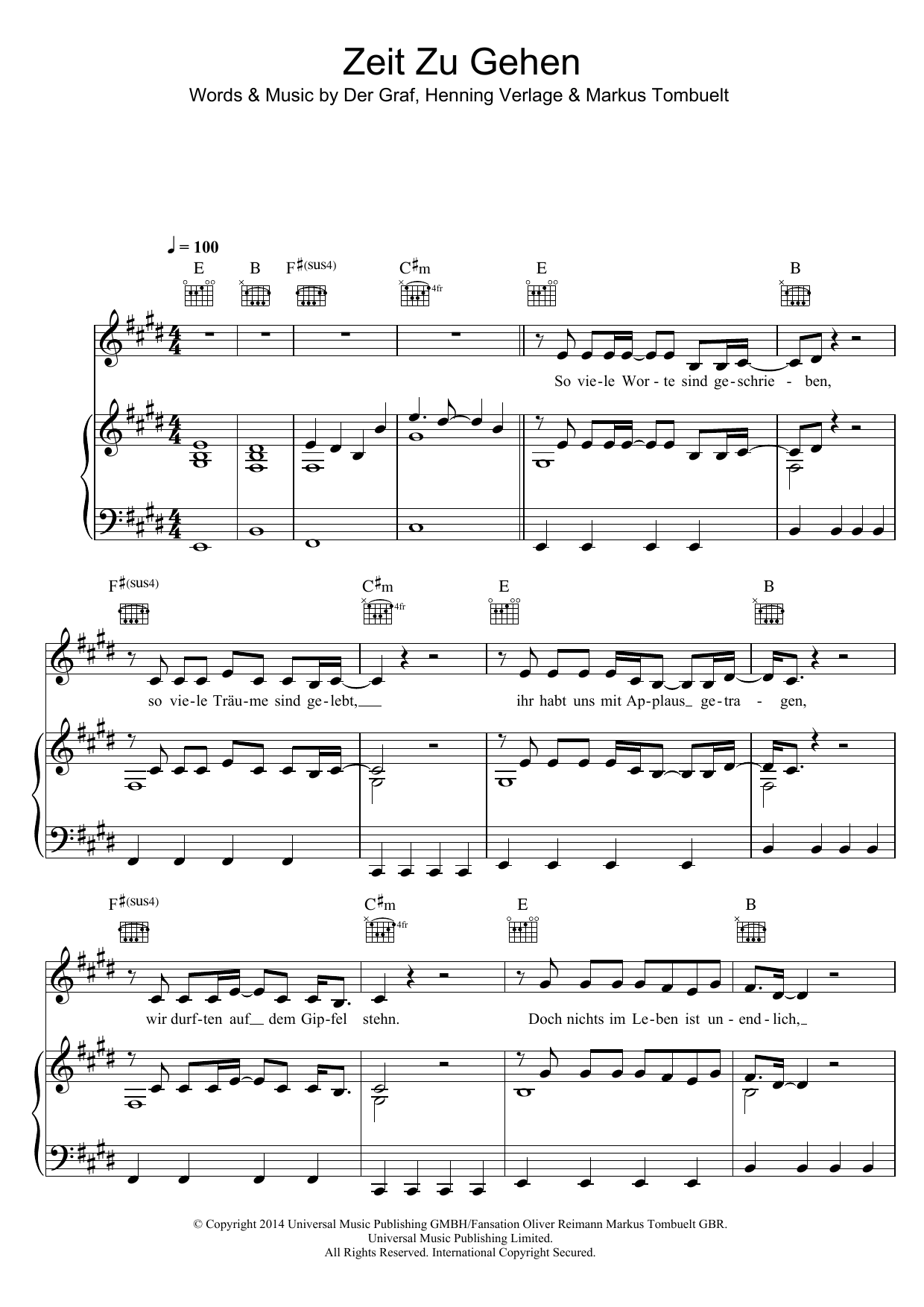 Unheilig Zeit Zu Gehen Sheet Music Notes & Chords for Piano, Vocal & Guitar (Right-Hand Melody) - Download or Print PDF