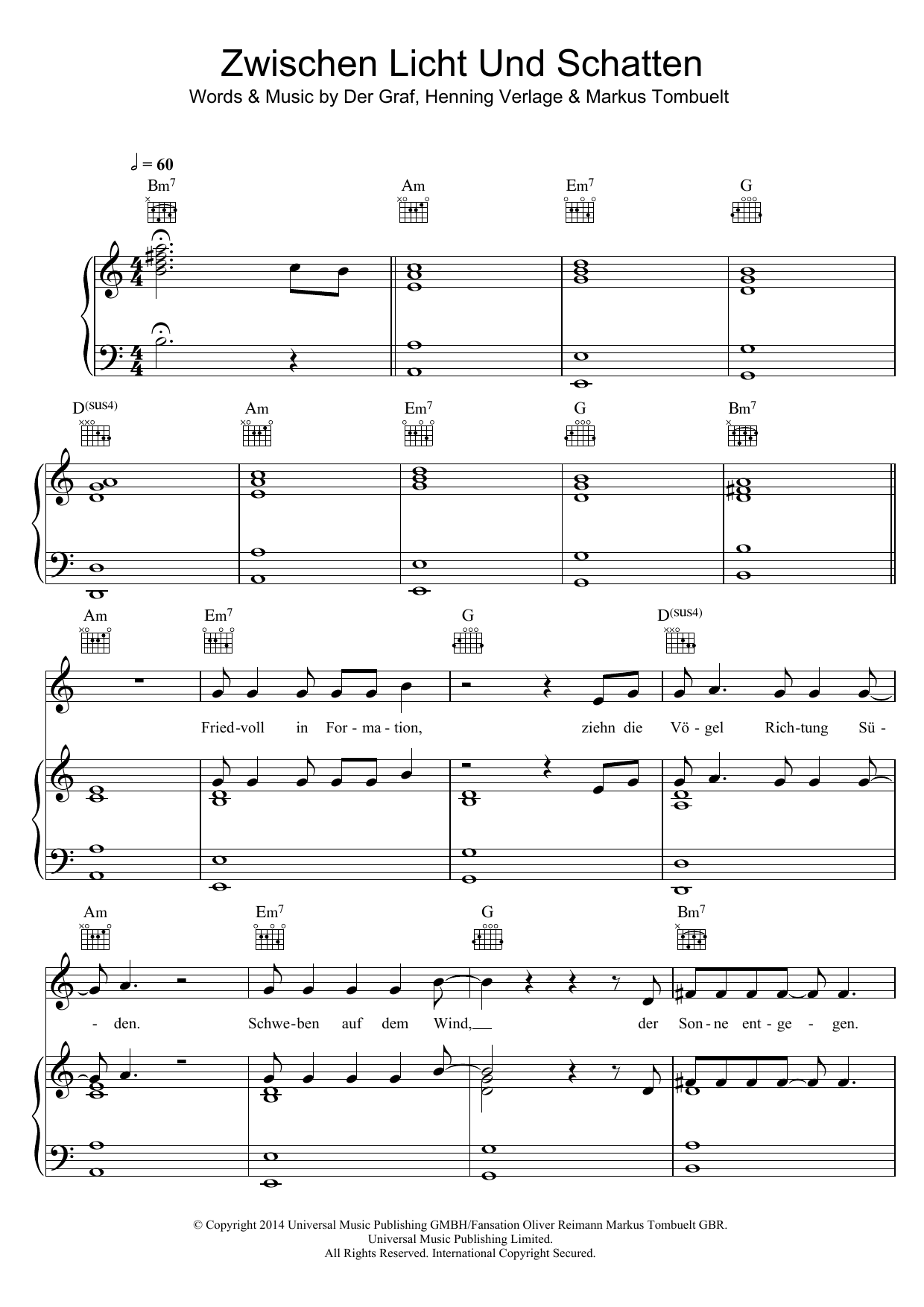 Unheilig Zwischen Licht und Schatten Sheet Music Notes & Chords for Piano, Vocal & Guitar (Right-Hand Melody) - Download or Print PDF