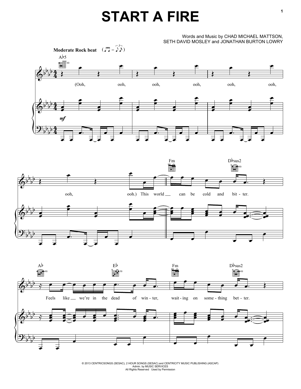 Seth David Mosley Start A Fire Sheet Music Notes & Chords for Piano, Vocal & Guitar (Right-Hand Melody) - Download or Print PDF