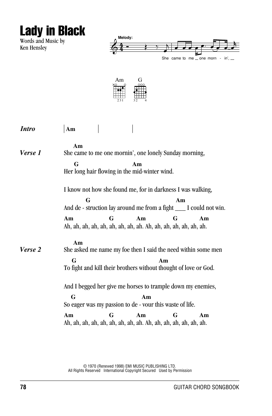 Uriah Heep Lady In Black Sheet Music Notes & Chords for Guitar Chords/Lyrics - Download or Print PDF