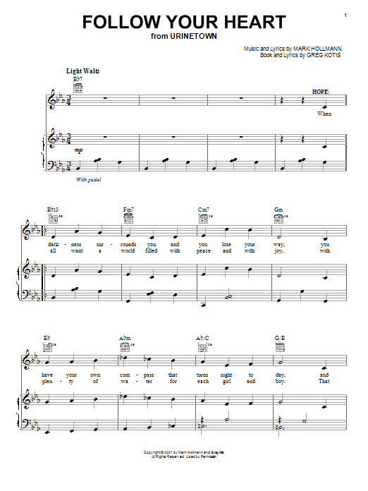 Urinetown (Musical) Follow Your Heart Sheet Music Notes & Chords for Piano, Vocal & Guitar (Right-Hand Melody) - Download or Print PDF