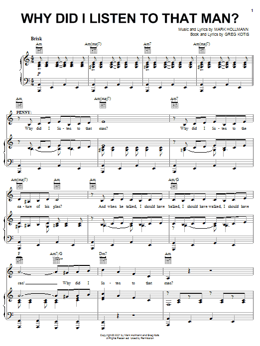 Urinetown (Musical) Why Did I Listen To That Man? Sheet Music Notes & Chords for Piano, Vocal & Guitar (Right-Hand Melody) - Download or Print PDF Urinetown (Musical) Why Did I Listen To That Man? Sheet Music Notes & Chords for Piano, Vocal & Guitar (Right-Hand Melody) - Download or Print PDF