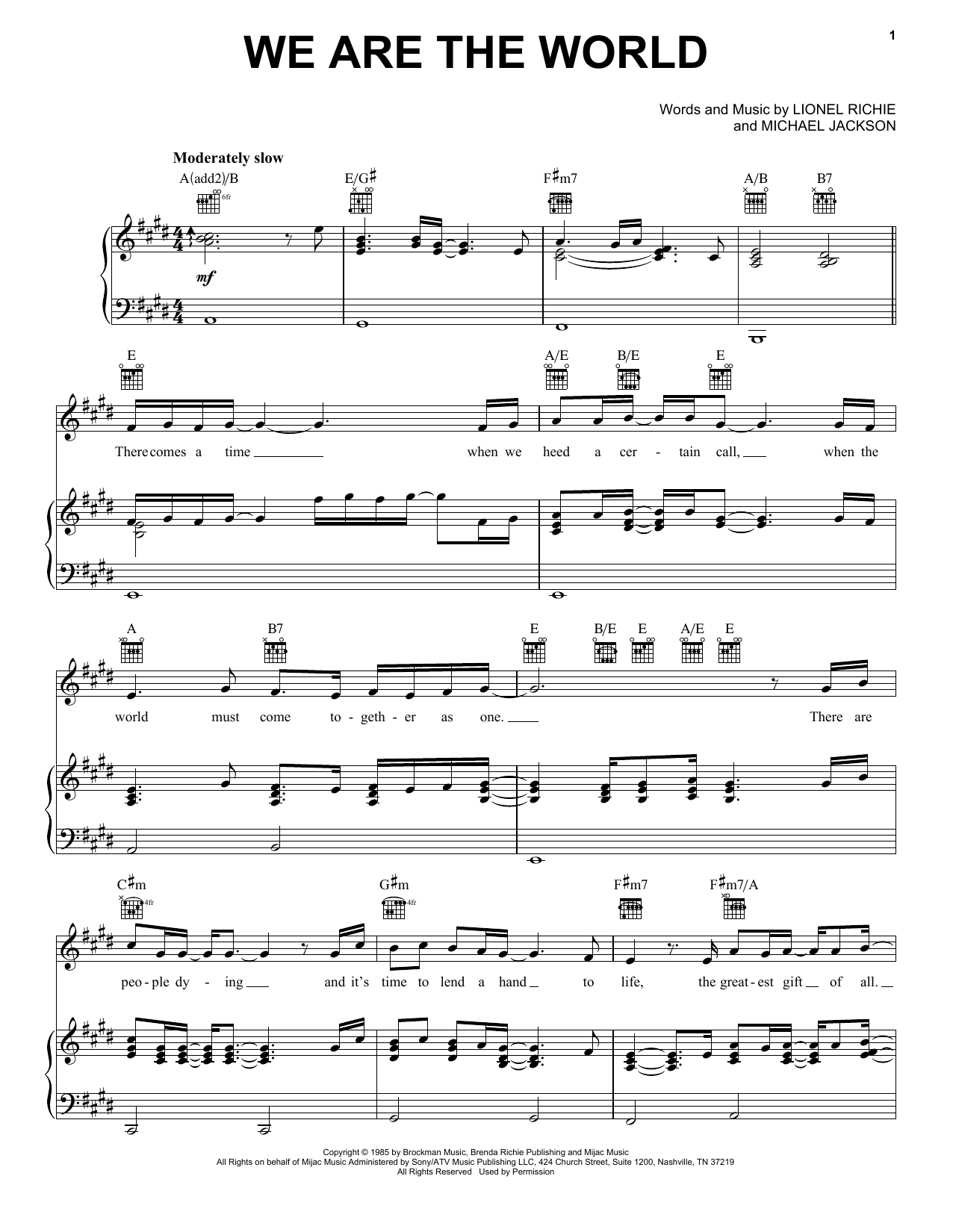 USA For Africa We Are The World Sheet Music Notes & Chords for Easy Piano - Download or Print PDF