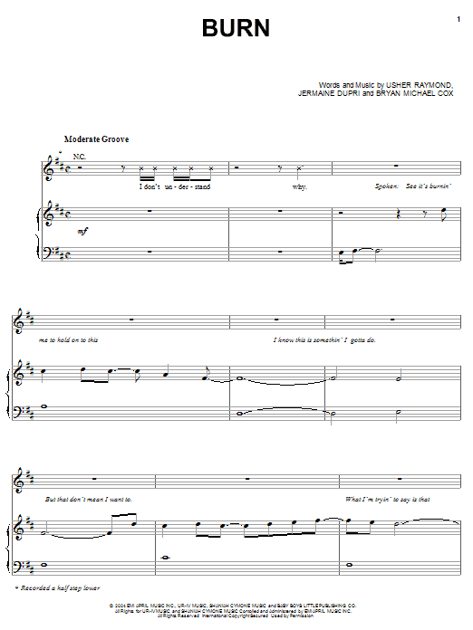 Usher Burn Sheet Music Notes & Chords for Piano, Vocal & Guitar (Right-Hand Melody) - Download or Print PDF